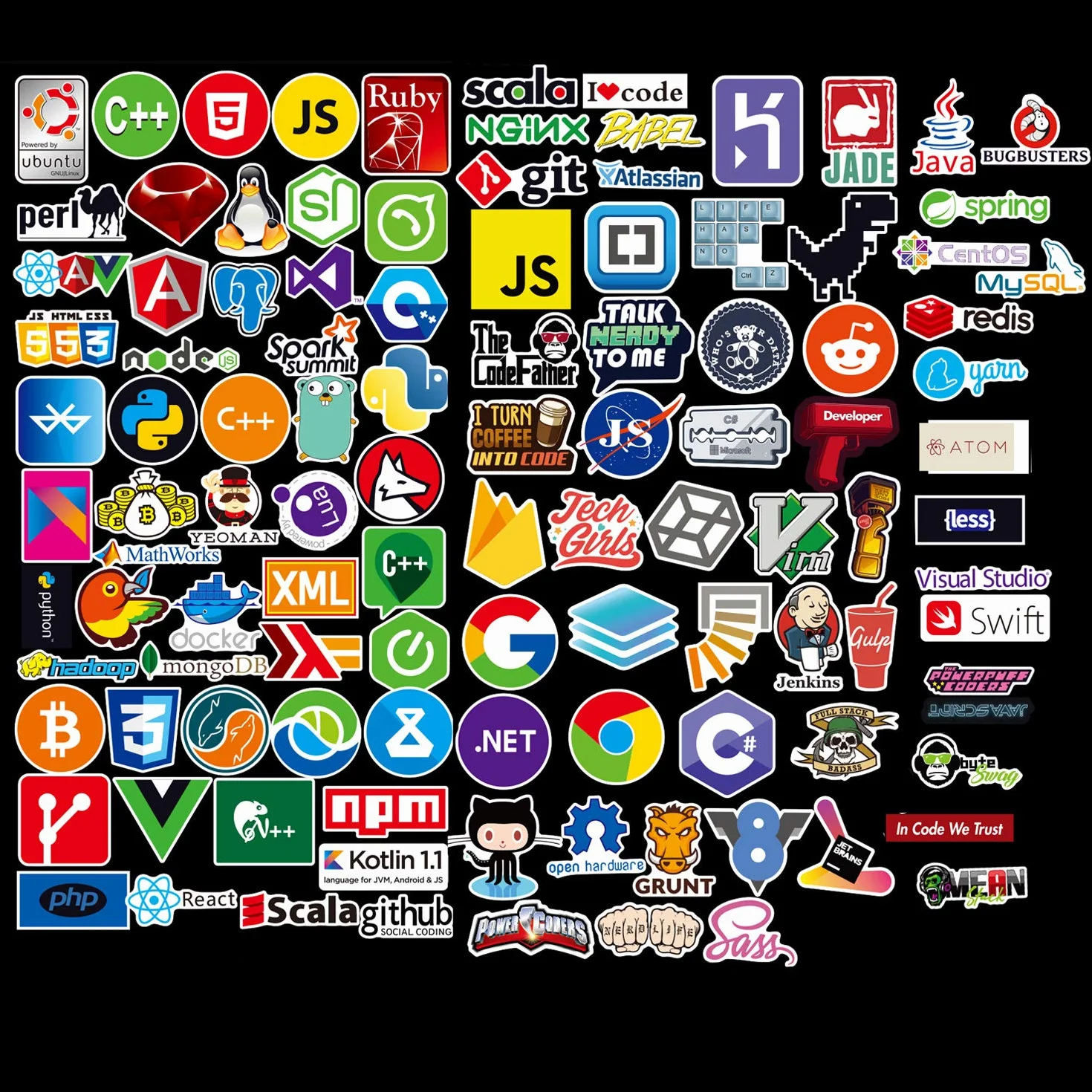Sanmatic 108 naklejek na laptopa dla programistów, języki programowania, zawiera naklejki: IT-Logo, C ++, Python, Linux, Swift, dla geeków, inżynierów, hackerów