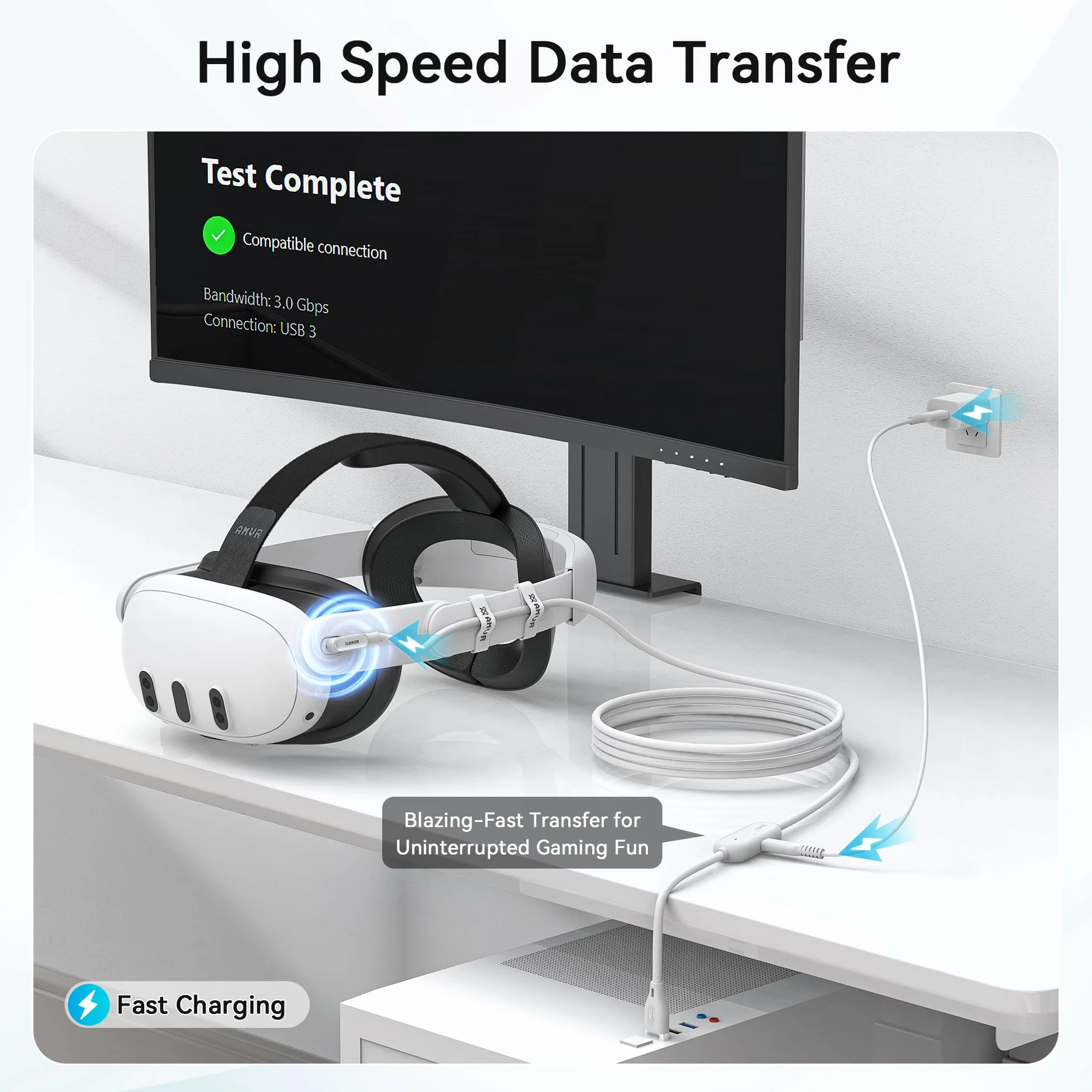 AMVR Akcesoria do kabli do ?adowania 5 m, kompatybilne z Meta Quest 3/3S/Pico 4, linia danych z oddzielnym portem szybkiego ?adowania, szybki transfer maks. 5 Gb/s do PCVR/SteamVR, Play While Charger