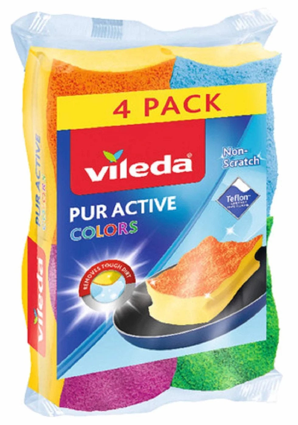 Vileda PurActive Colors gąbki do czyszczenia, usuwają nawet najbardziej uporczywe zabrudzenia bez zarysowań, zalecane do powierzchni pokrytych teflonem, łatwe do spłukania, wielokolorowe, 4 sztuki w