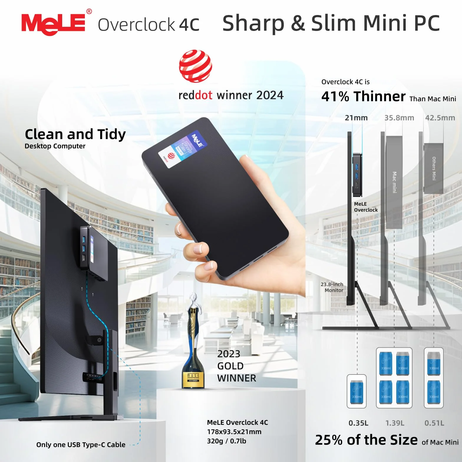 MeLE Mini PC Overclock4C, Core i3 N300 16GB 512GB Storage, Reddot Winner | HDMI Display PCIE 3.0X4, USB-C PD3.0 & Video Output | Micro Desktop Computer for Home, Office, Industrial & Education