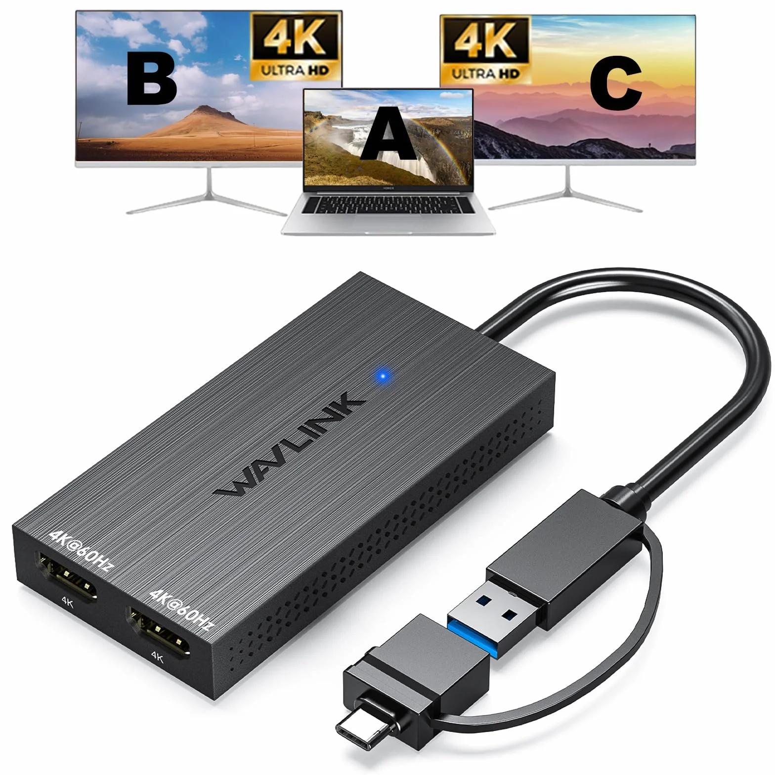 WAVLINK Adapter USB 3.0/C Displaylink Dual HDMI 4K 60 Hz do podwójnych monitorów, USB-A/C na HDMI 4K wyjście do Mac M1/M2/M3 lub Windows 10/11