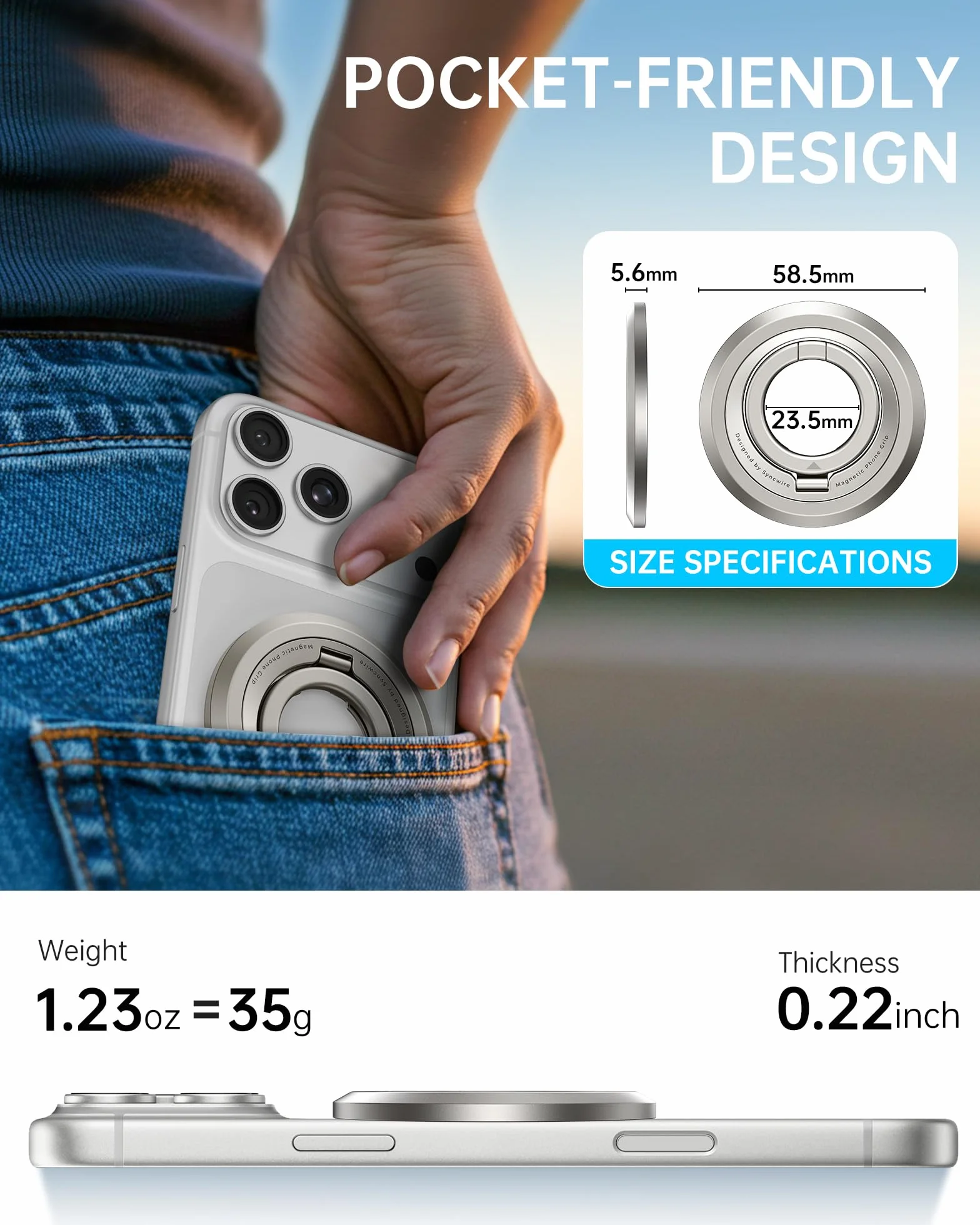 SYNCWIRE Pierścień na telefon MagSafe, obrót o 360°, dwustronny magnes, kompatybilny z iPhone 17 16 15 14 13 12 Pro Max MagSafe, Android, Samsung itp.