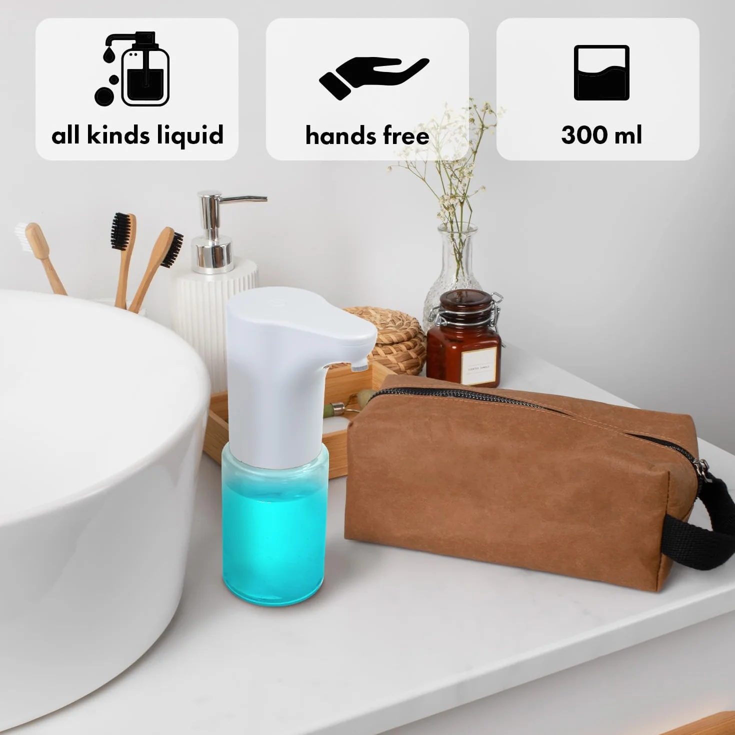 Automatyczny dozownik mydła, 300 ml, z czujnikiem podczerwieni, automatyczny dozownik mydła w płynie, środków dezynfekujących, żeli pod prysznic i szamponów, elektroniczny dozownik mydła