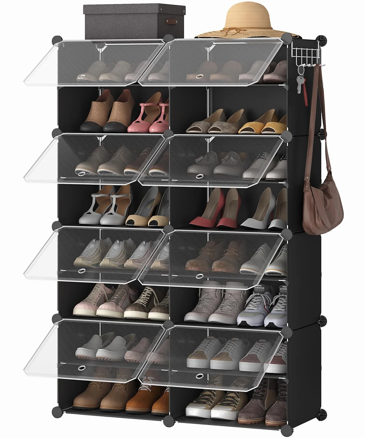 HOOBRO Regał na buty 8 półek 32 pary drzwi wąski czarny 40x30x30 cm