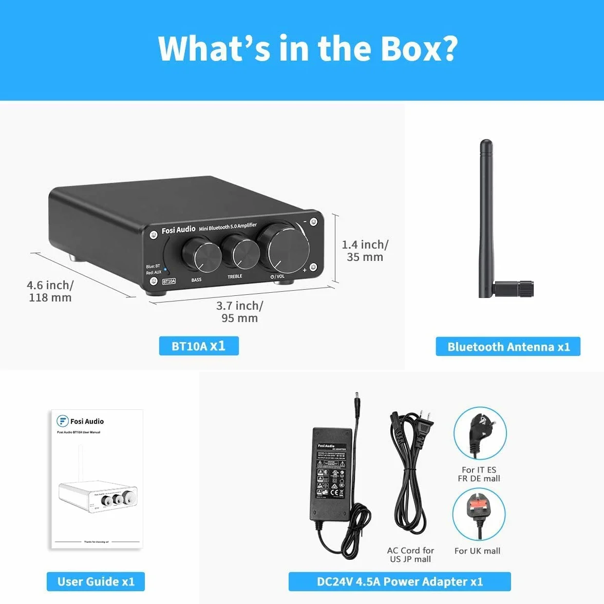 Fosi Audio BT10A Wzmacniacz Audio Bluetooth 5.0, 2-Kanałowy Wzmacniacz Stereo HiFi z Chipem TPA3116, Wzmacniacz Mocy HiFi Klasy D o Mocy 50W x2 z Regulacją Tonów Niskich i Wysokich do Kina Domowego