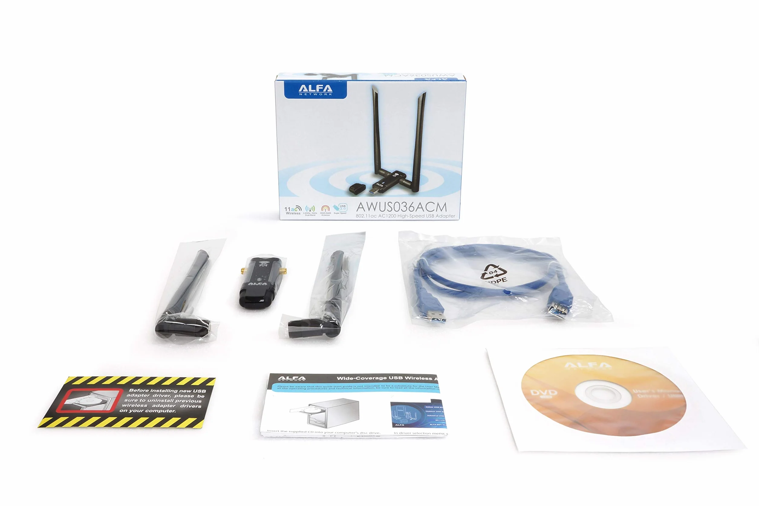 ALFA Network Długotrwały szeroki zasięg Dual-Band AC1200 USB bezprzewodowy adapter Wi-Fi W/High Sensitivity antena zewnętrzna - obsługuje Windows, Macos i Kali Linux