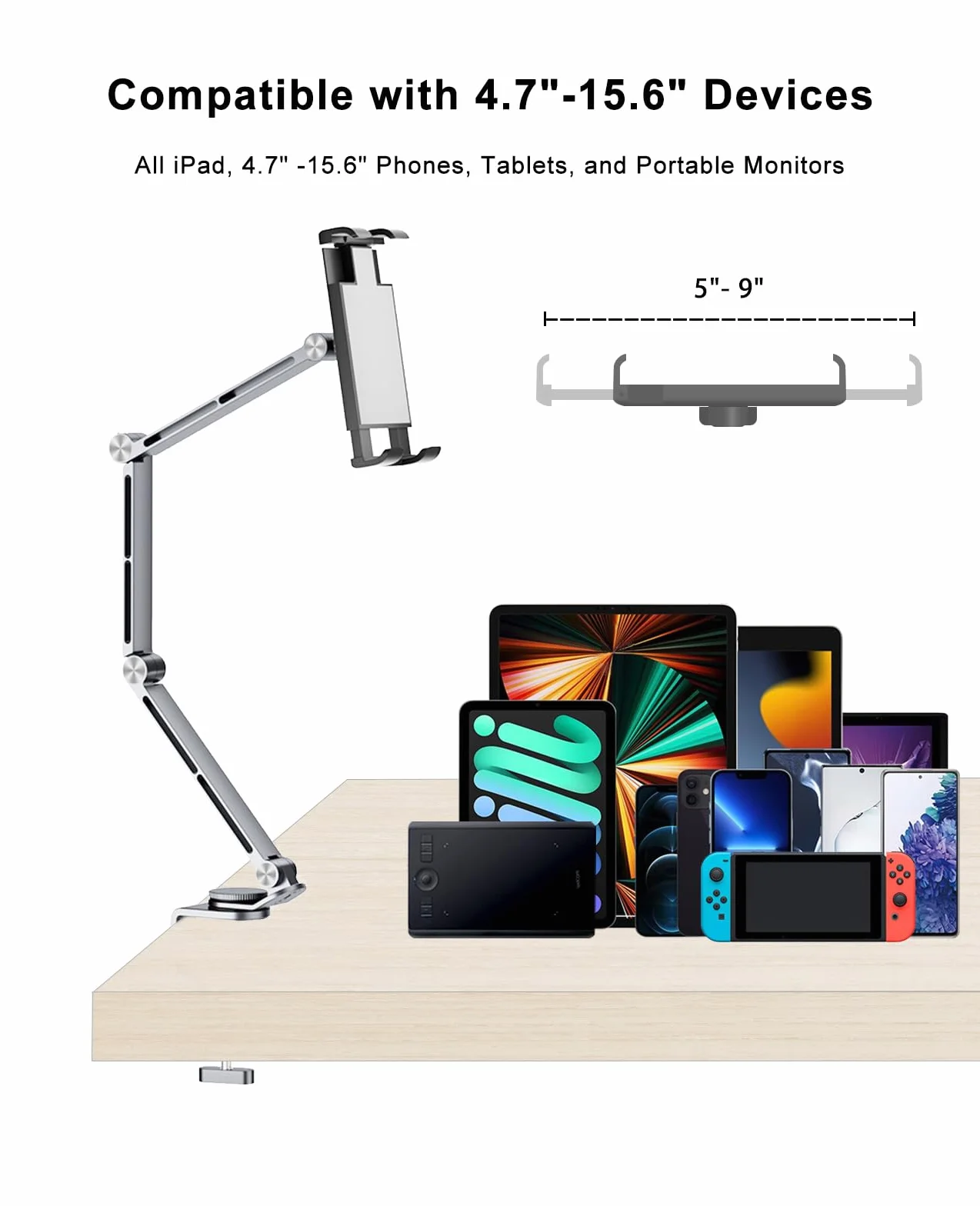 Uchwyt na tablet iPad 360°, regulowany długi rękaw, do tabletu, łóżka, iPada, biurka, do tabletu iPad Pro Air Mini 4,7"-15,4"