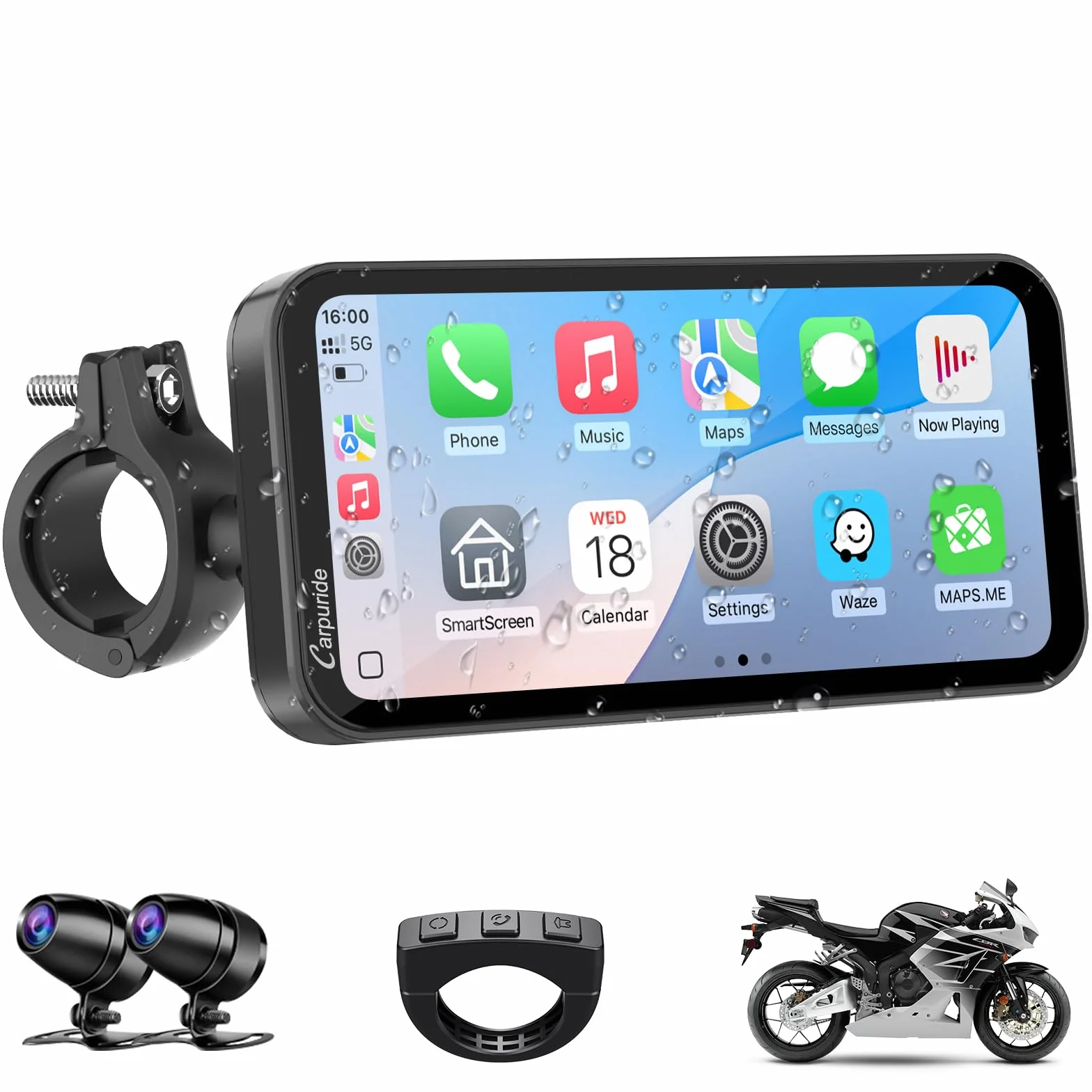 Carpuride W603D Motorcycle GPS Carplay Screen, Wireless CarPlay & Android Auto for Moto, z podwójnymi kamerami HD 1080P, pilotem, 6,3-calowym wodoodpornym ekranem dotykowym, nawigacja