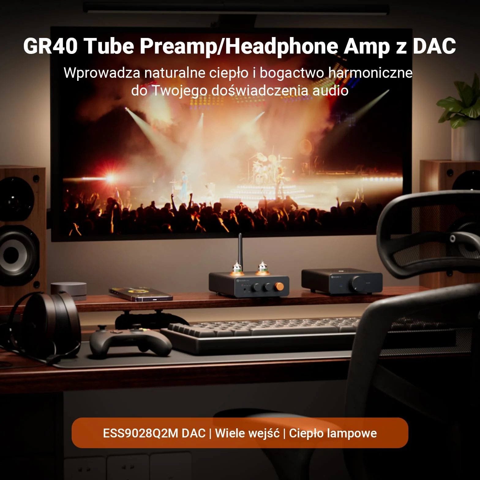 Fosi Audio GR40 Przedwzmacniacz Lampowy z Przetwornikiem DAC, Stereofonicznym Wzmacniaczem Słuchawkowym 3,5mm Domowe Audio do Aktywnych Głośników/Słuchawek, Przedwzmacniacz z Bluetooth i USB/OPT/COAX