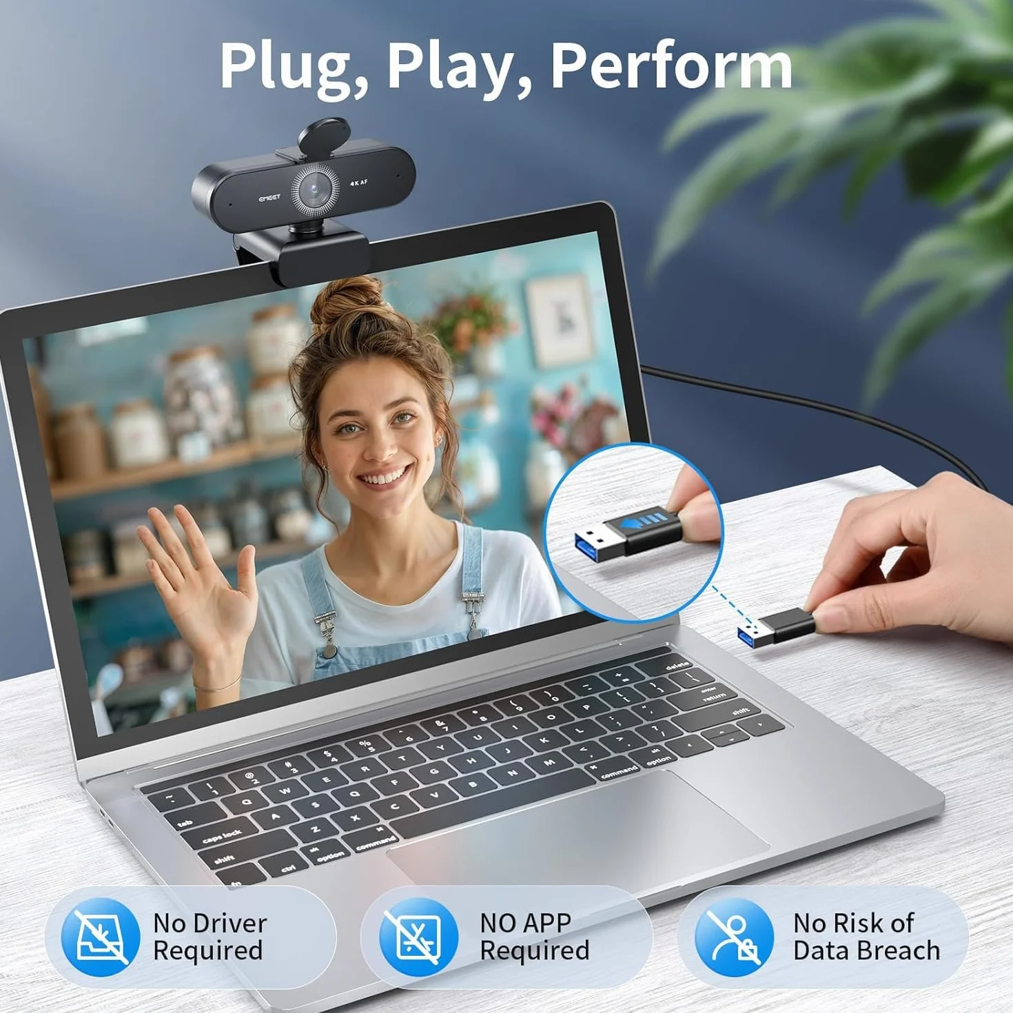 Kamera internetowa NOVA 4K, 4K kamera internetowa z 2 mikrofonami z redukcją szumów, kamera internetowa Ultra HD z szerokim kątem 73° i osłoną obiektywu, PDAF autofokus, kamera internetowa do