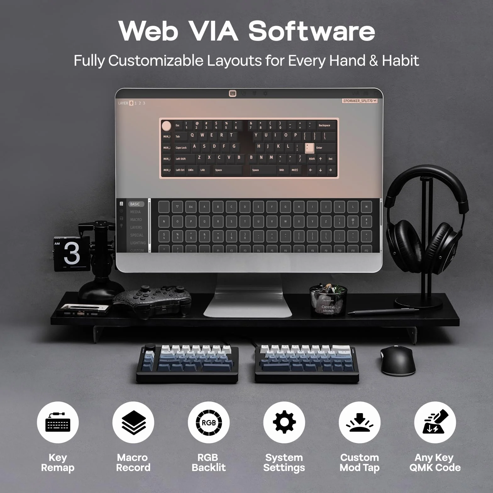 EPOMAKER Split70 ergonomiczna klawiatura gamingowa bezprzewodowa z QMK/VIA i pokrętłem, klawiatura mechaniczna Hot Swap RGB, Gasket, przełącznik liniowy, do Mac/Win (70% QWERTY English) (czarna)