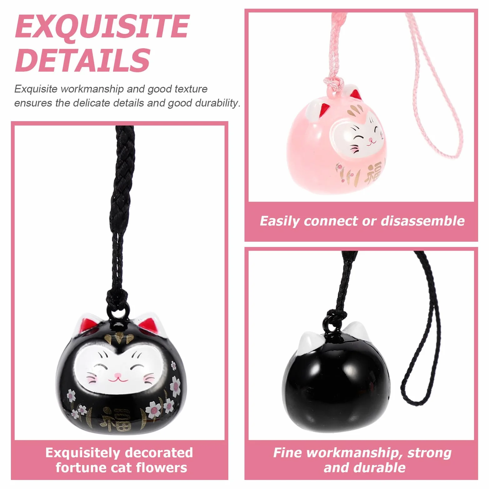 2 Szt. Zawieszek Dzwonków Maneki Neko Kształcie Kota Szczęścia Brelok DIY z Trwałego Materiału Dekoracja Telefon i Torbę Różowy i Czarny Odporny Uszkodzenia