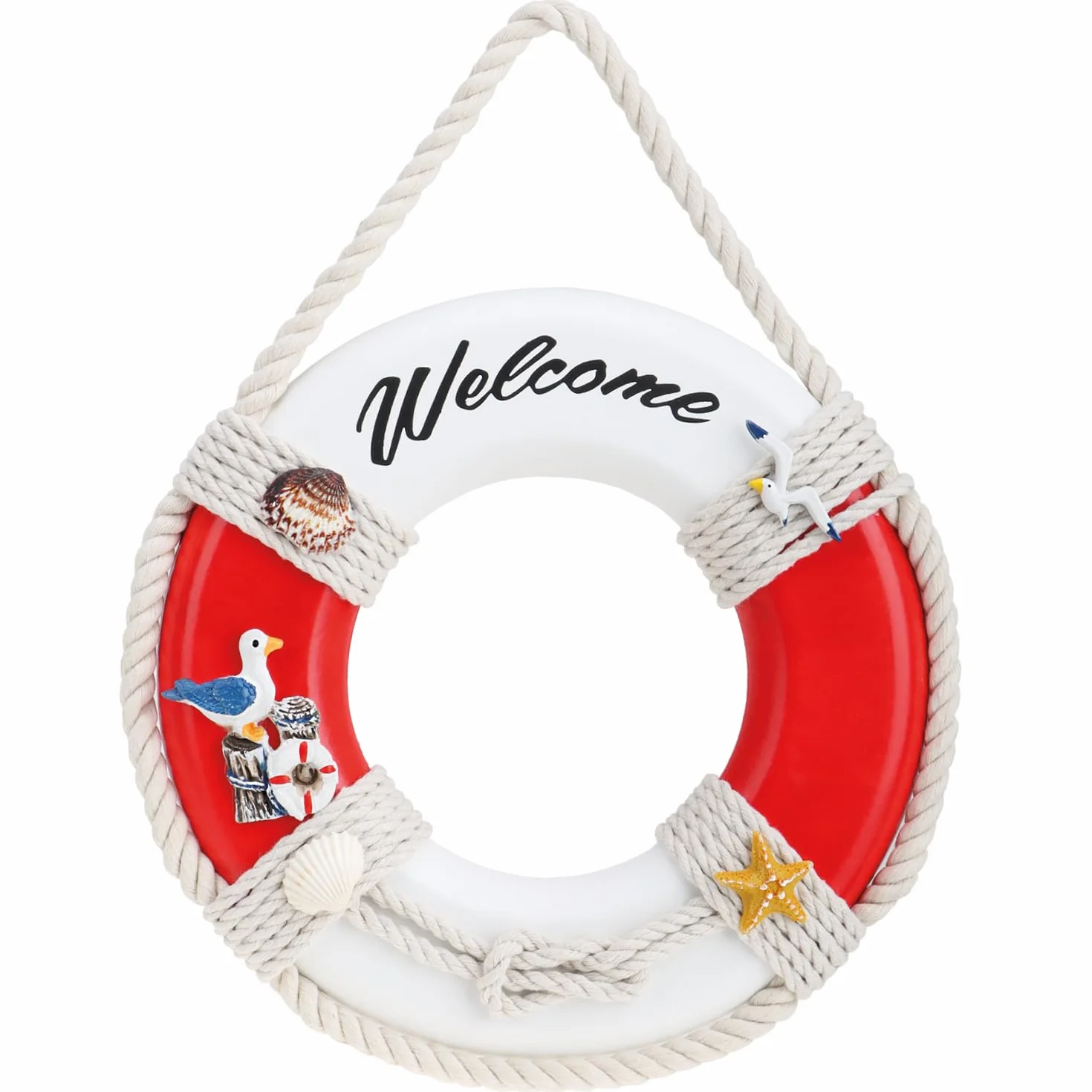 COM-FOUR® 1x dekoracyjne kolo ratunkowe wykonane z drewna z napisem „Witamy” - dekoracja wysylkowa do zawieszenia - morska dekoracja wiszaca do domu (Kolo ratunkowe „Witamy”)