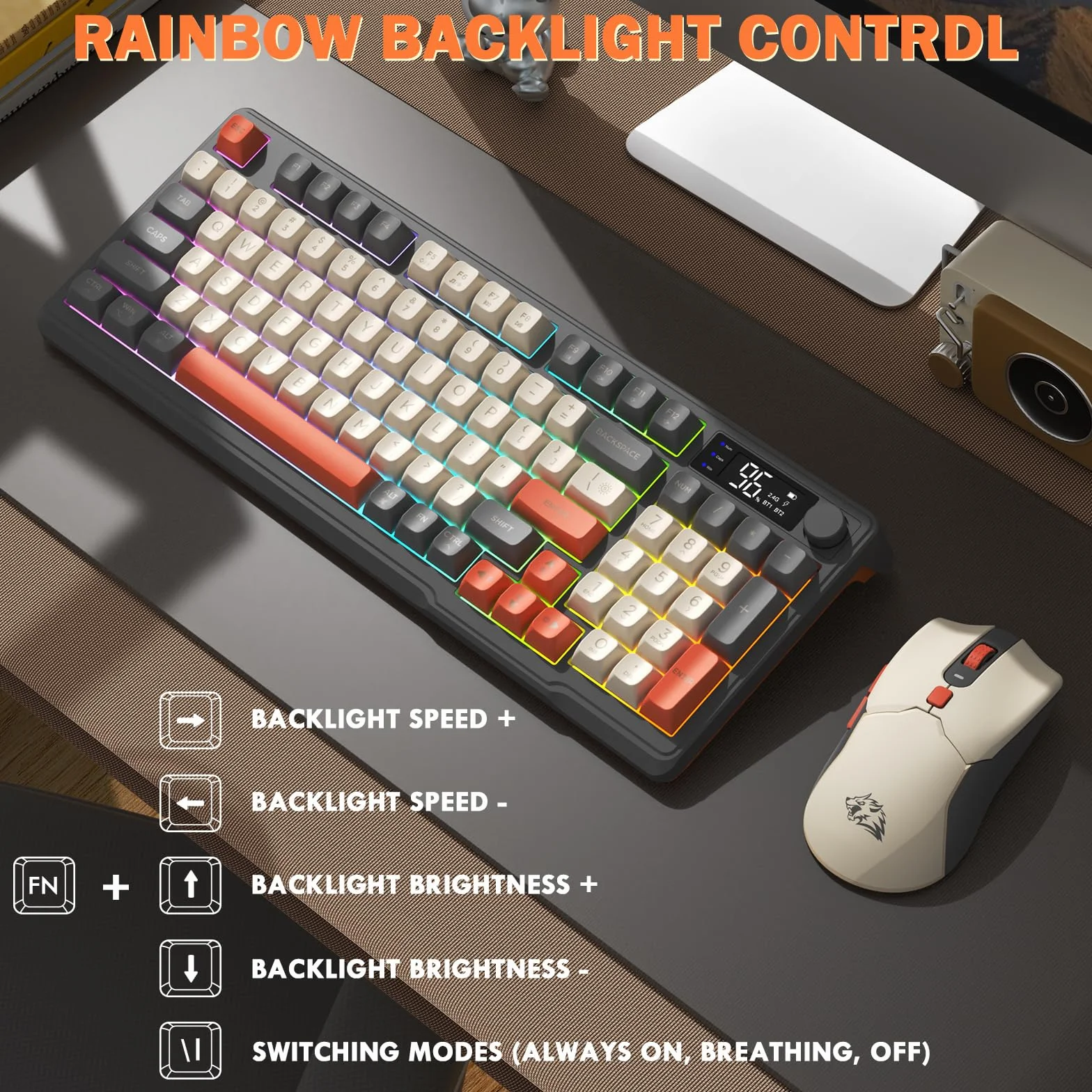 ZIYOU LANG×FREEWOLF T96 Bezprzewodowa Klawiatura i Mysz do Gier, Bluetooth/2,4 GHz, Mądry Pokaz i Pokrętło, Podświetlenie Tęcza Diodą, Klawiatura QWERTY Akumulatorem i Radiowy Komputer Myszą-Shimmer