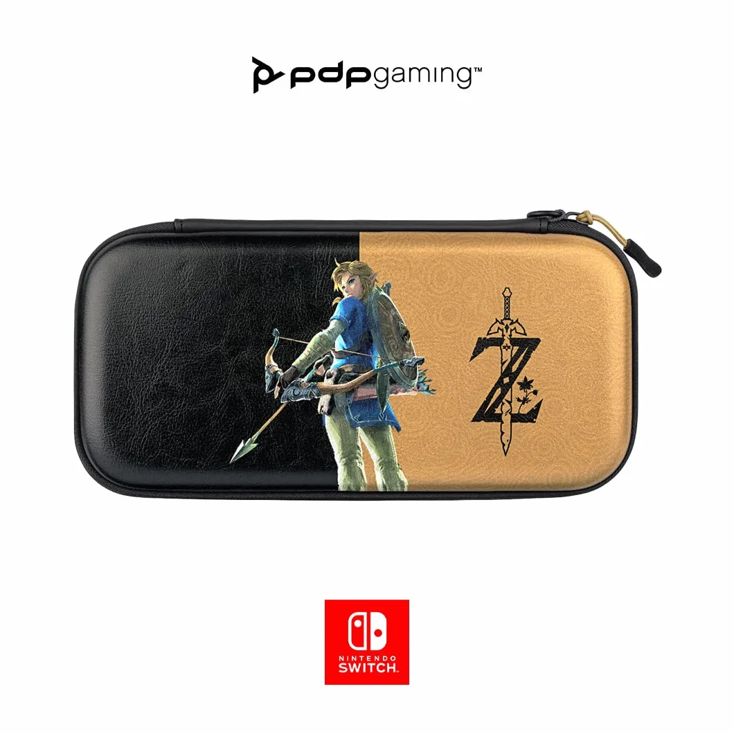 PDP Gaming Oficjalnie Licencjonowany Switch Slim Deluxe Travel Case - Zelda Breath of the WIld - Semi-Hardshell - Console Stand - Protective PU Leather - Holds 14 Games - Works z Switch OLED and Lite