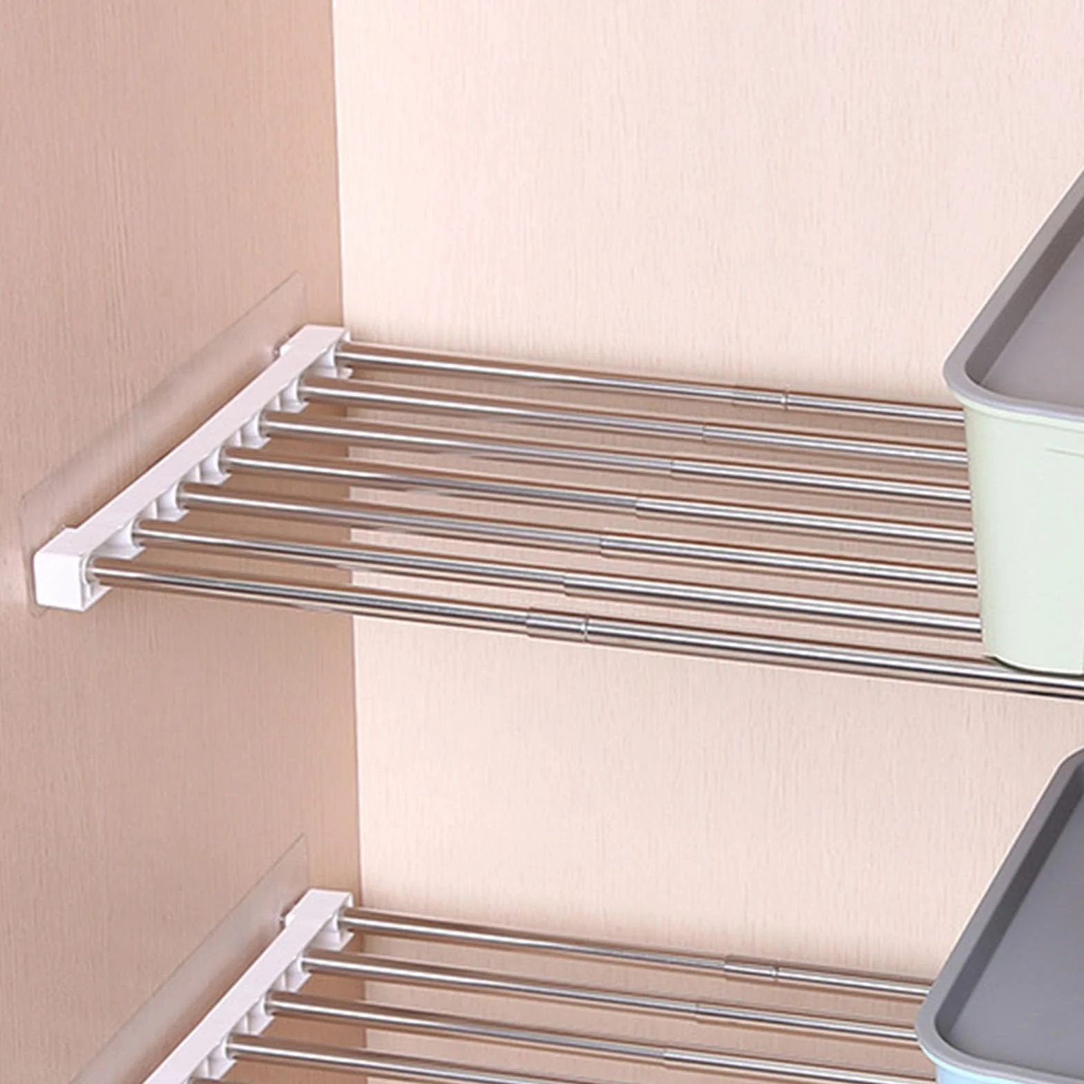 Rozsuwany Stojak do Przechowywania w Szafie ze Stali Nierdzewnej Regulowana Półka Napinana od 25 do 40 Cm Wielofunkcyjny Organizer dla Sypialni, Szafy, Kuchni