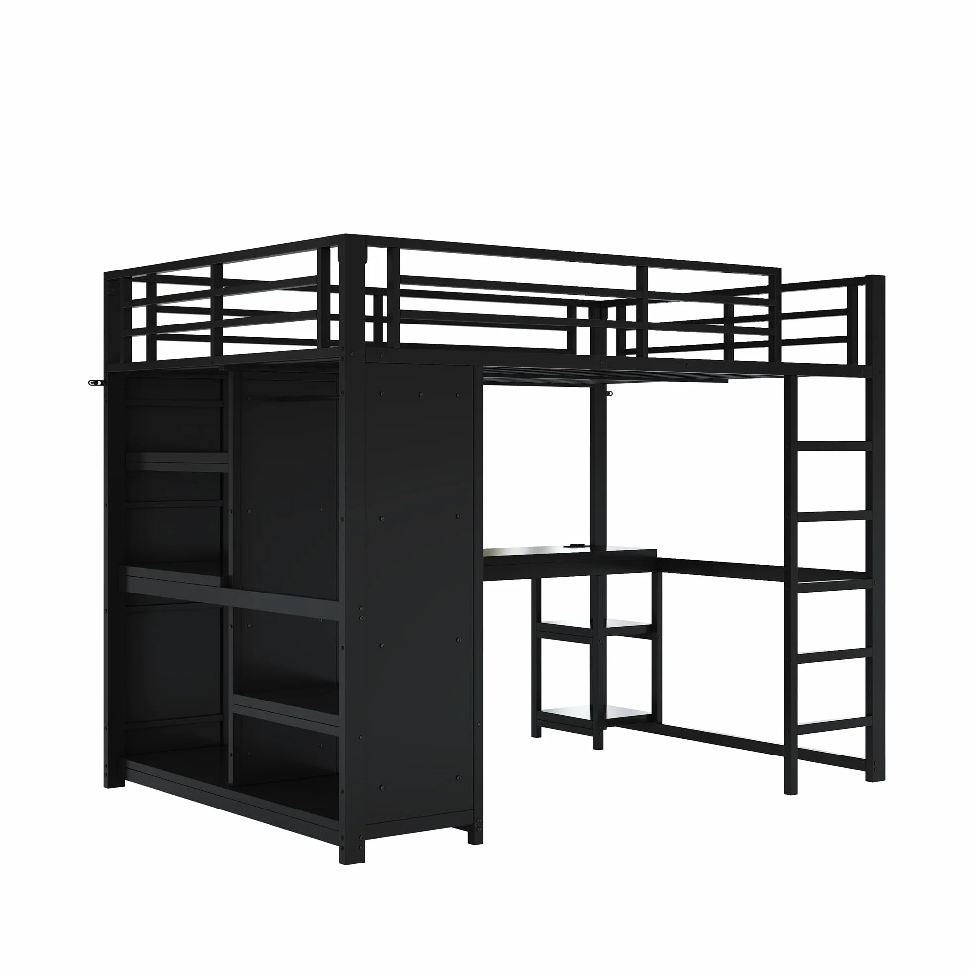 Metalowe Łóżko Piętrowe 140x200 cm z Efektem LED, Łóżko z Biurkiem i Prostymi Schodkami, Otwartą Szafą na Ubrania i Wieloma Przegrodami, Łóżko dla Młodzieży w Stylu Gamingowym, Czarne