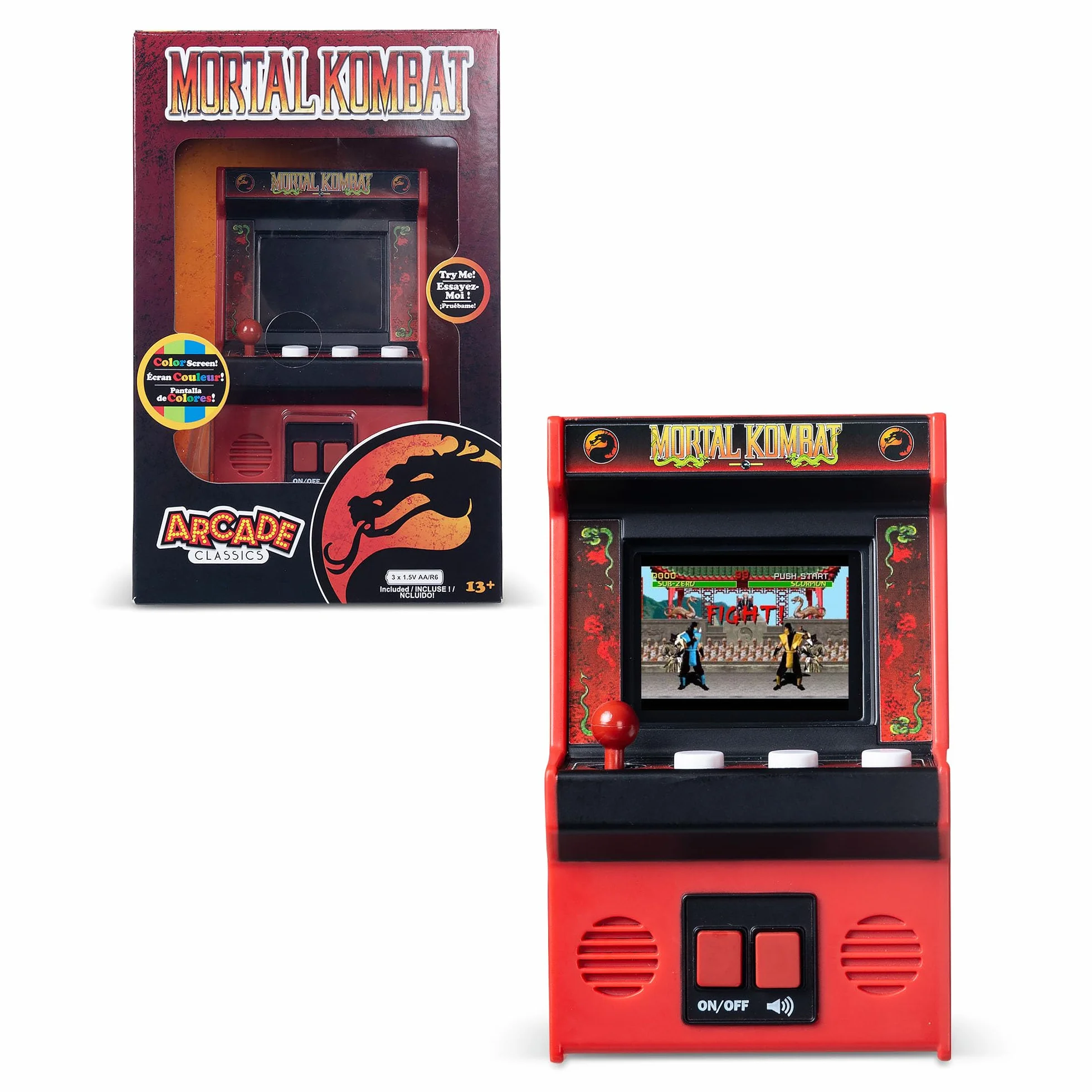 Basic Fun Arcade Classics Mini Mortal Kombat – Gra przenosna retro z joystickiem, ekranem kolorowym i autentycznymi efektami dzwiekowymi – Dla fanów i kolekcjonerów