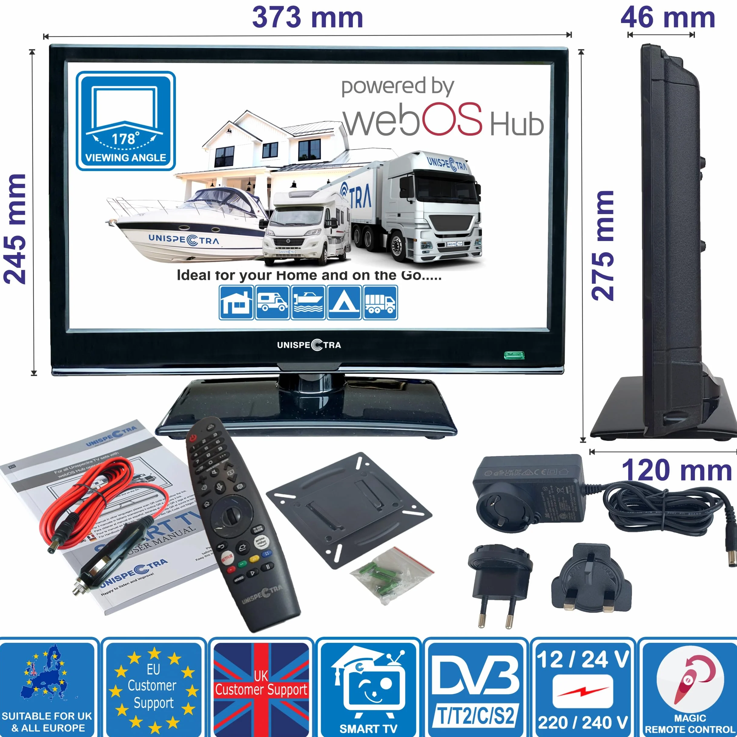 Unispectra ® 16” Smart TV (webOS) Full HD 230V 12V 24V potrójny tuner, 3x HDMI, 2x USB, pilot Magic. Telewizor 12 V do samochodów kempingowych, przyczep kempingowych, ciężarówek, łodzi