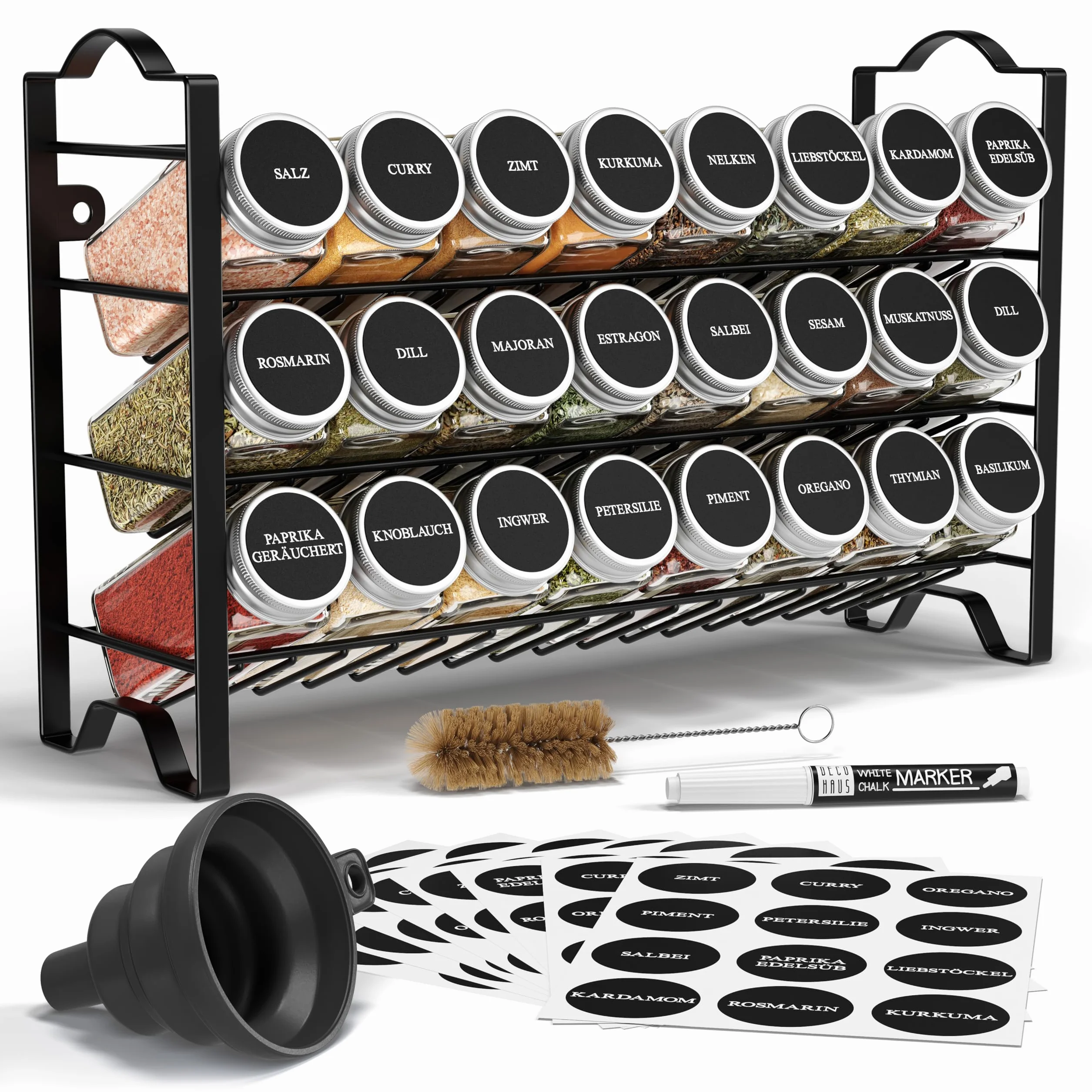 Deco Haus® Stojak na Przyprawy ze Słoikami na Przyprawy - 3-poziomowy Metalowy Organizer Kuchenny - 24 Słoiczki, 48 Etykiet, Pędzelek, Haczyki, Lejek - Półka Wolnostojąca lub na Ścianę - Czarny Regał