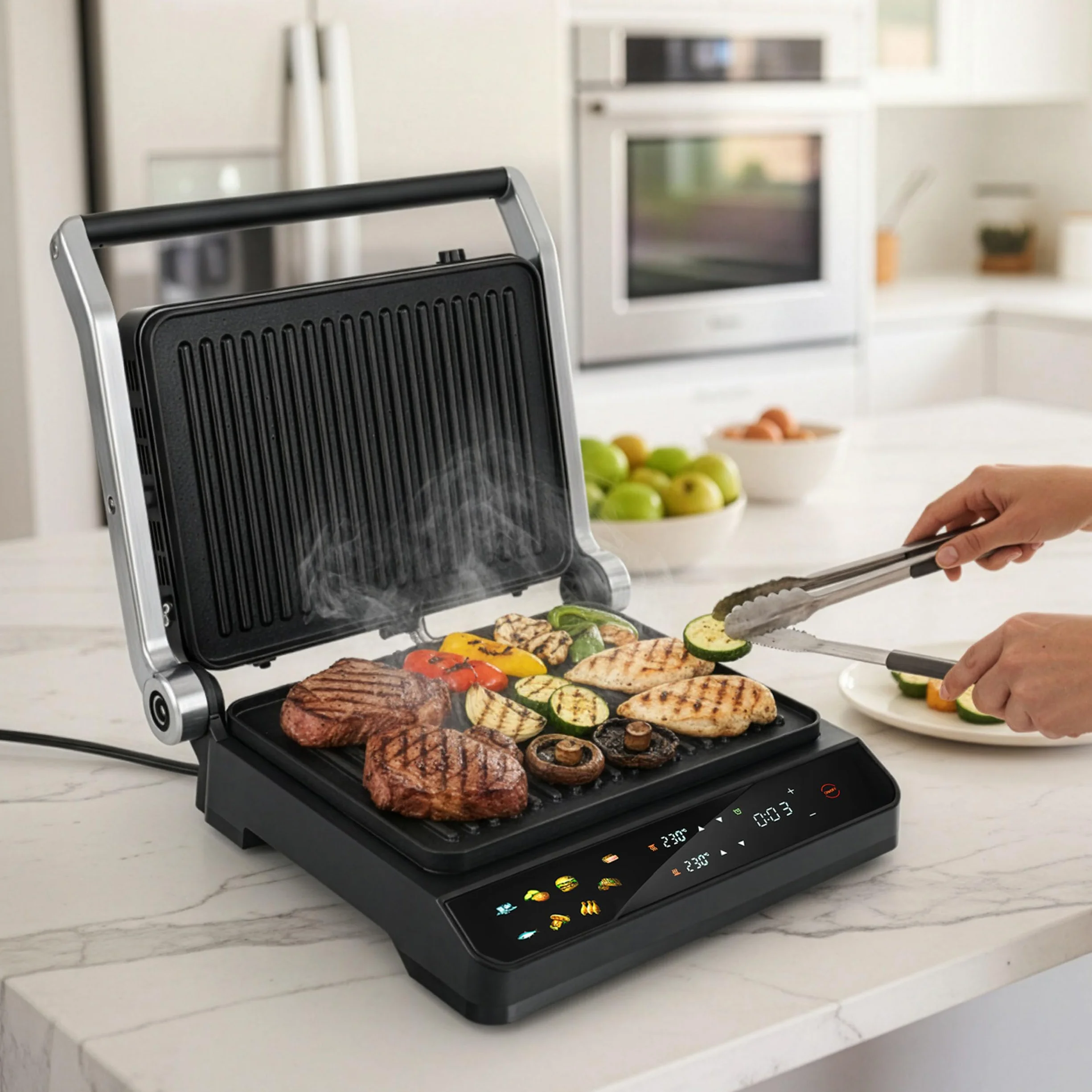 LEHMANN Grill kontaktowy, 2000 W, grill stołowy rozkładany 180°, zdejmowane płyty nieprzywierające, wyświetlacz: 10 programów, regulacja temperatury 90-230°C, timer 1-240 min, grill elektryczny do