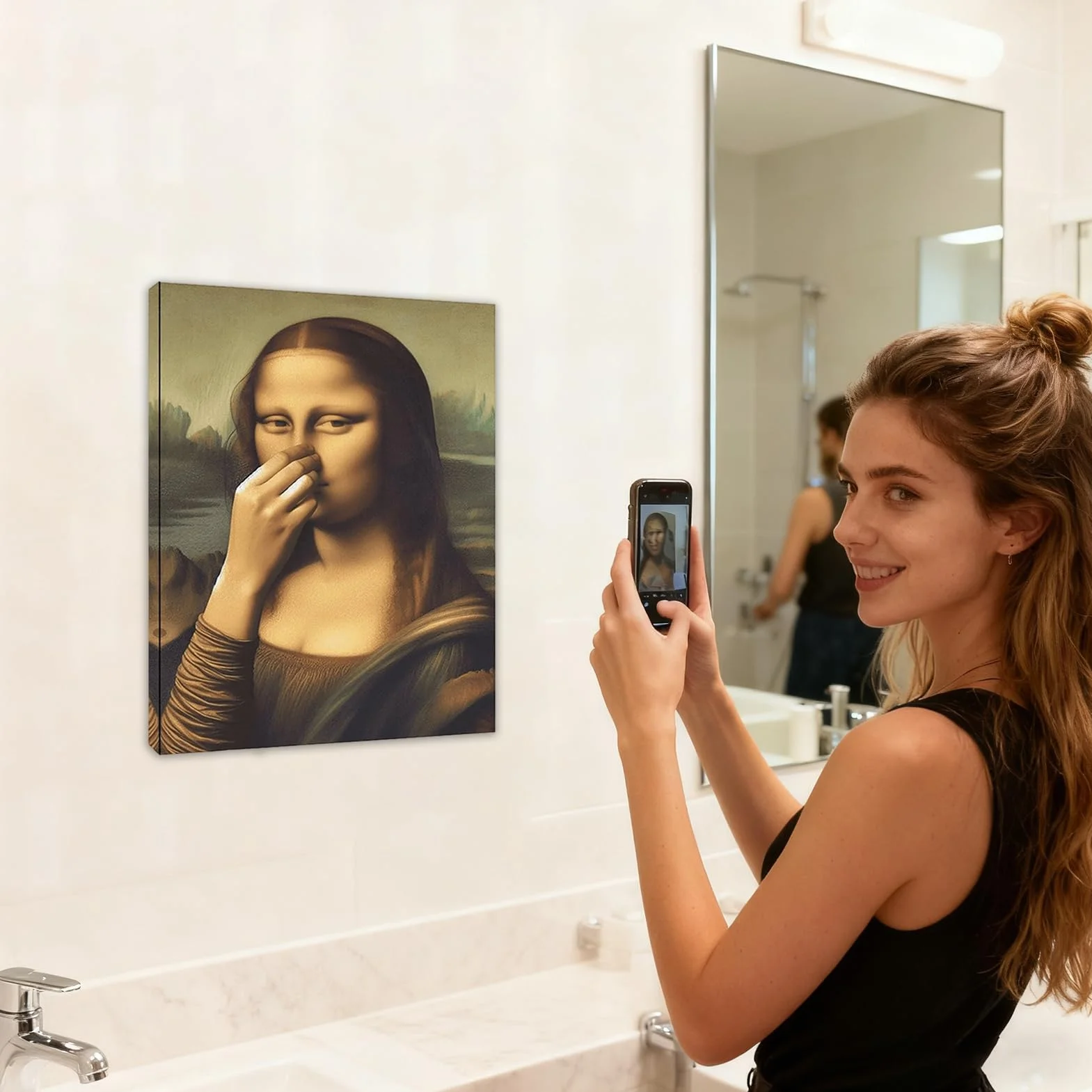 Plakat Mona Lisa z gestem od nosa do nosa 30x40 cm ironiczna dekoracja ścienna