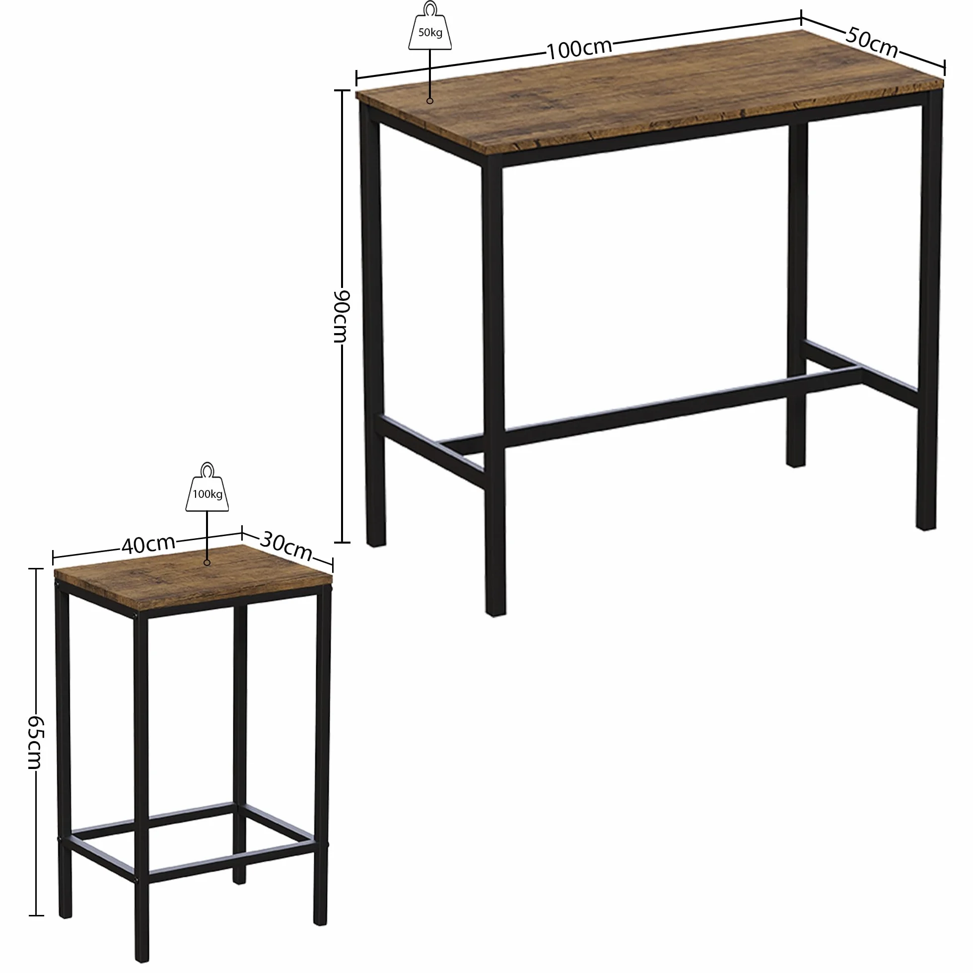 Vida Designs Roslyn 2-osobowy stół barowy z 2 stołkami barowymi, rama ze stali przemysłowej (ciemne drewno)