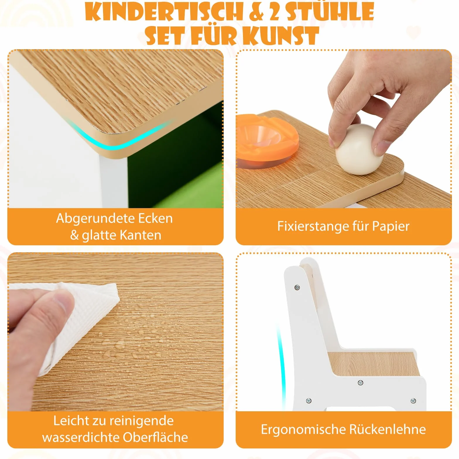 COSTWAY Stół dziecięcy z 2 krzesłami, stół do aktywności 3 w 1 i sztaluga z drewna z podnoszonym blatem z kubkami do farb, 6 pojemników z materiału i rolką papieru, zestaw do siedzenia dla dzieci od 3