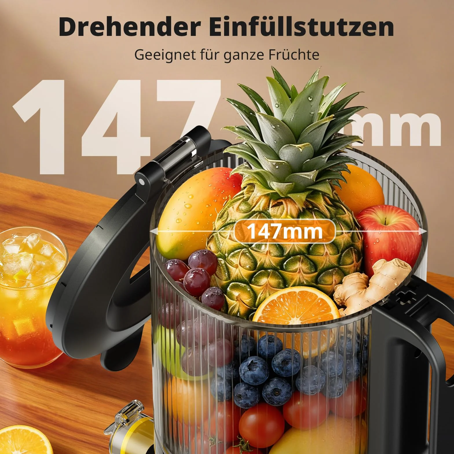 AIRMSEN Wyciskarka do soków – wolnoobrotowa wyciskarka z 147mm bardzo dużym otworem wlotowym, pojemność 2,1L, silnik 300W, 7+1 stopni ulepszony wolny spiralny tłok, wysoka wydajność soku dla całych