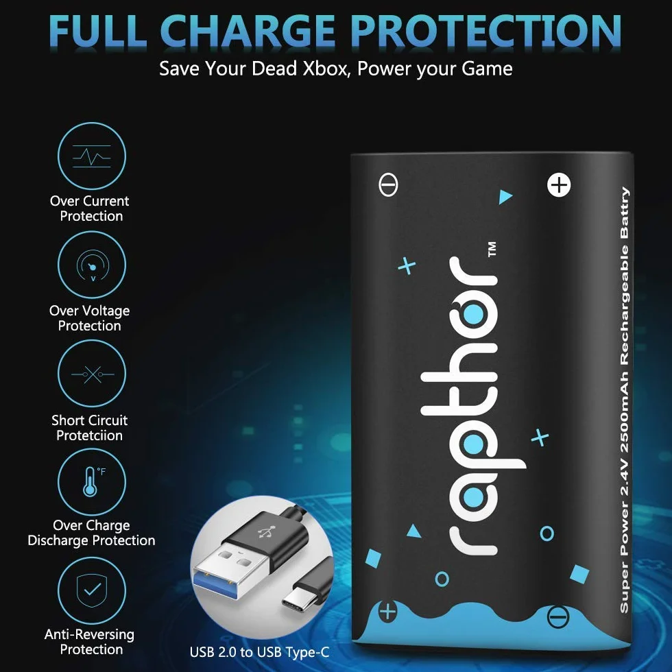 Rapthor Akumulatory do kontrolerów Xbox One/Xbox Series X/Xbox One S/Xbox One X/Xbox One Elite, 2 x 2500 mAh akumulatory wielokrotnego ładowania