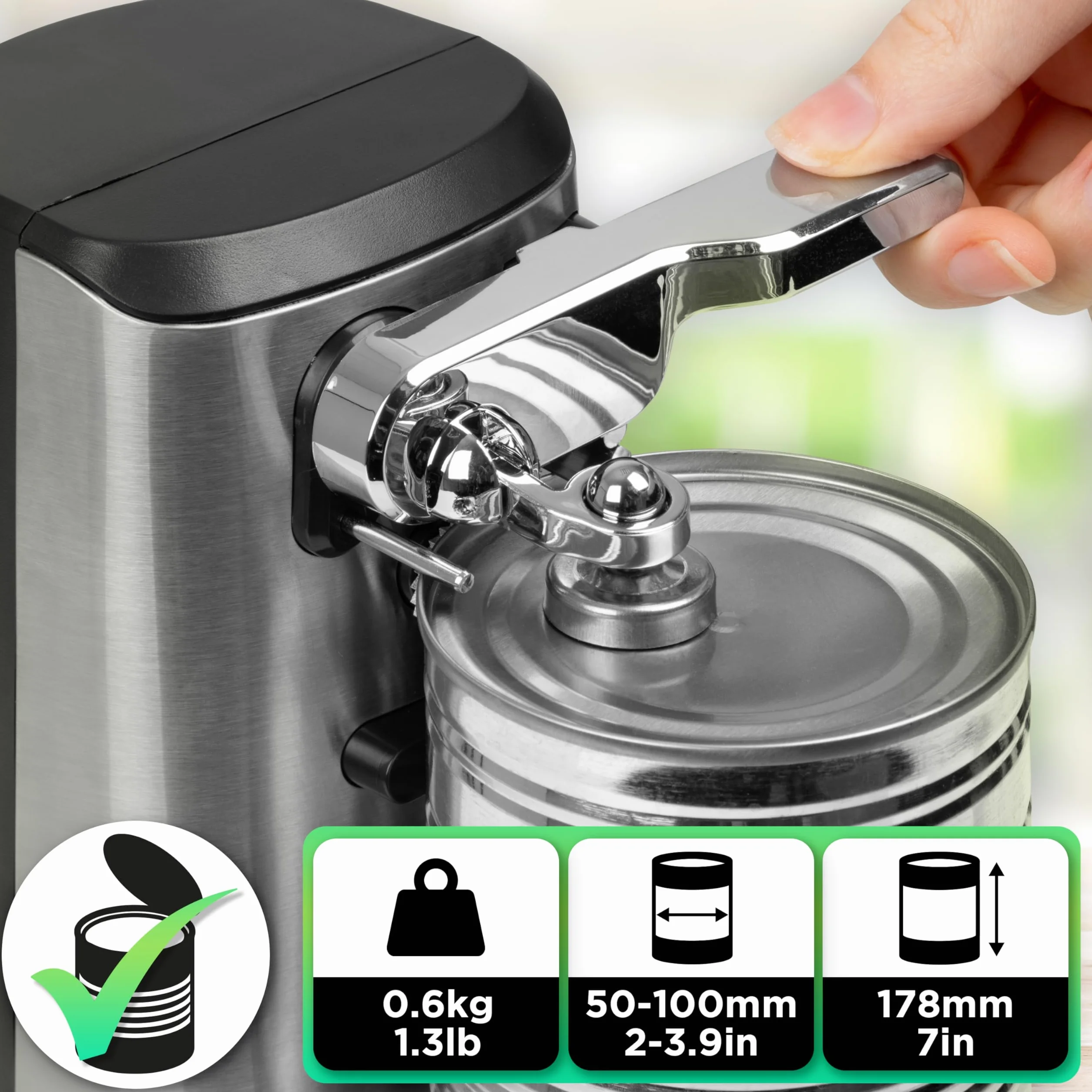Duronic CO60 Elektryczny otwieracz do puszek 3 w 1, otwieracz do butelek i ostrzałka do noży, obsługa jednym naciśnięciem, kompaktowy i elegancki design dla osób z zapaleniem stawów