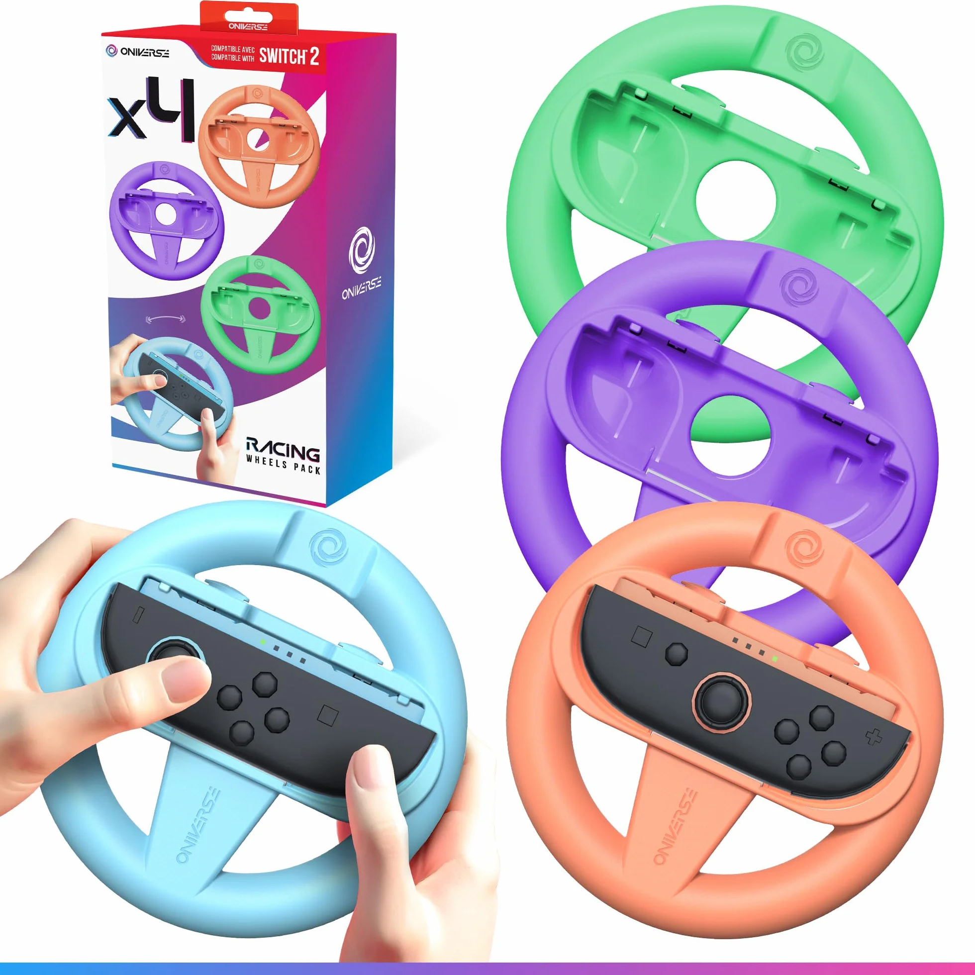Oniverse Zestaw 4 Kierownic do Konsoli Switch 2 – Akcesoria do Switch 2 do Mario Kart, Uchwyt Kierownicy Pomarańczowy, Niebieski, Zielony i Fioletowy, Intuicyjny, Dostępne przyciski SL/SR, Dla Joy-Con