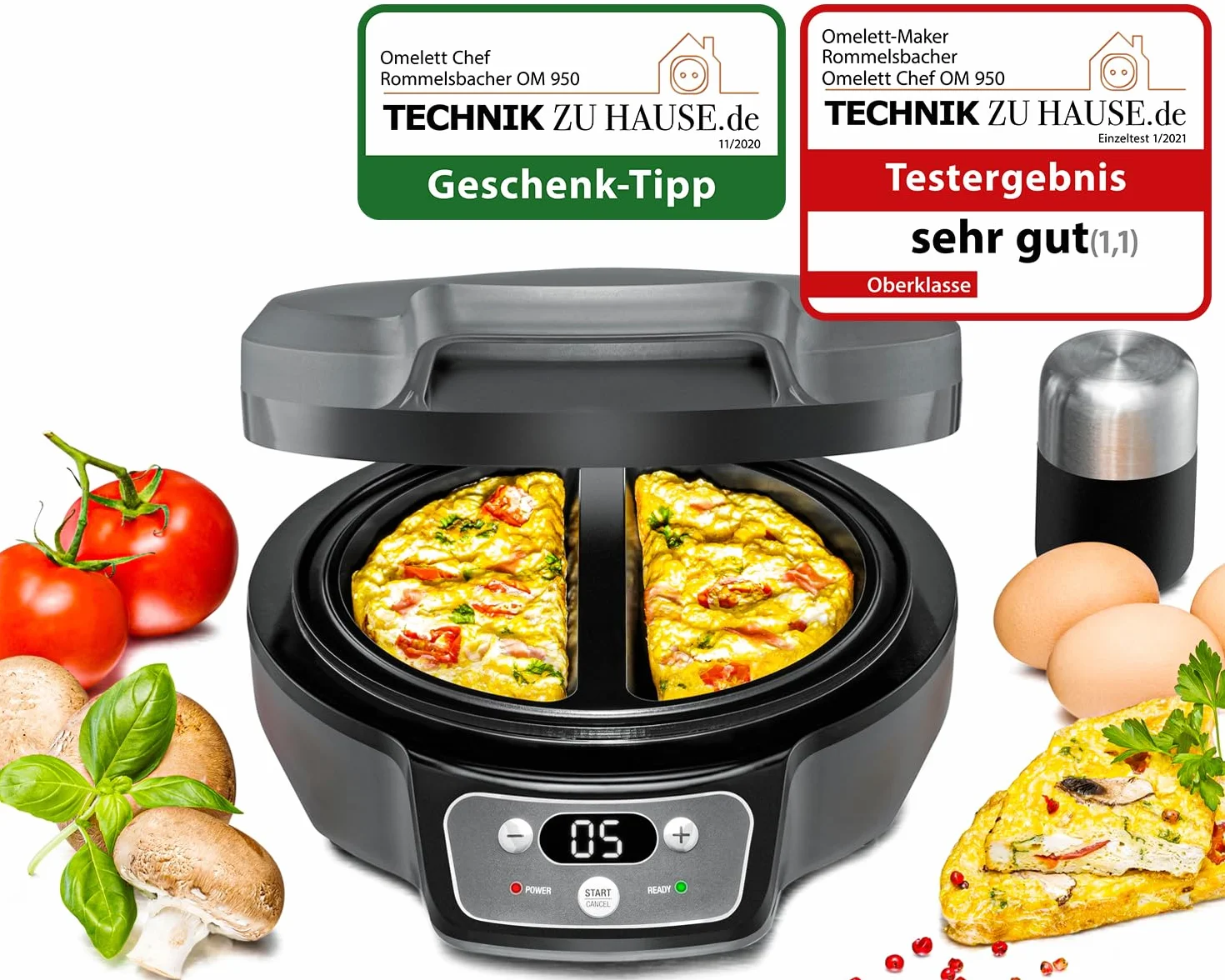 ROMMELSBACHER Omelett Chef OM 950 – obudowa Cool Touch, bardzo głębokie wgłębienia do pieczenia na 2 omlety, powłoka zapobiegająca przywieraniu, 20-minutowy programator czasowy, wyświetlacz LED,