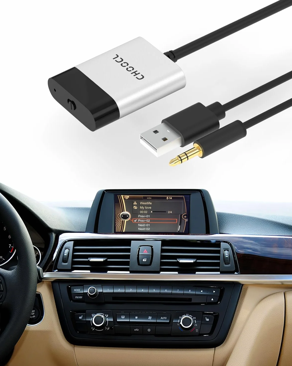 Adapter Bluetooth z kablem Y do BMW – USB i AUX – Odbiornik Bluetooth kompatybilny z systemem CIC/CCC – Wysokiej jakości dźwięk aptX-HD