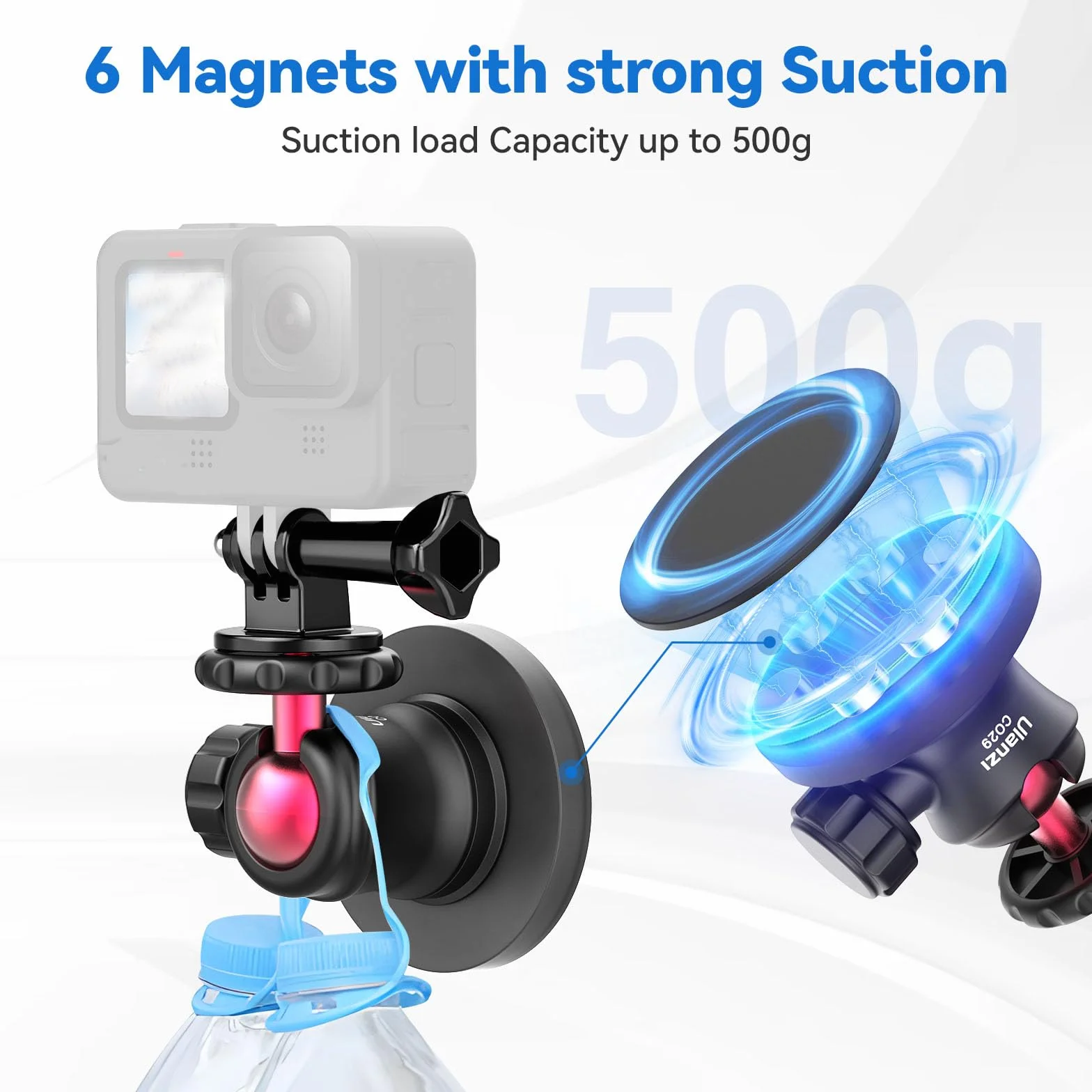 ULANZI Magnetyczny uchwyt do kamery sportowej, mocny uchwyt magnetyczny z głowicą kulową obracaną o 360° i wbudowanymi 6 magnesami, kompatybilny z Gopro Hero 13/12/11/10, DJI Osmo Action Osmo Nano