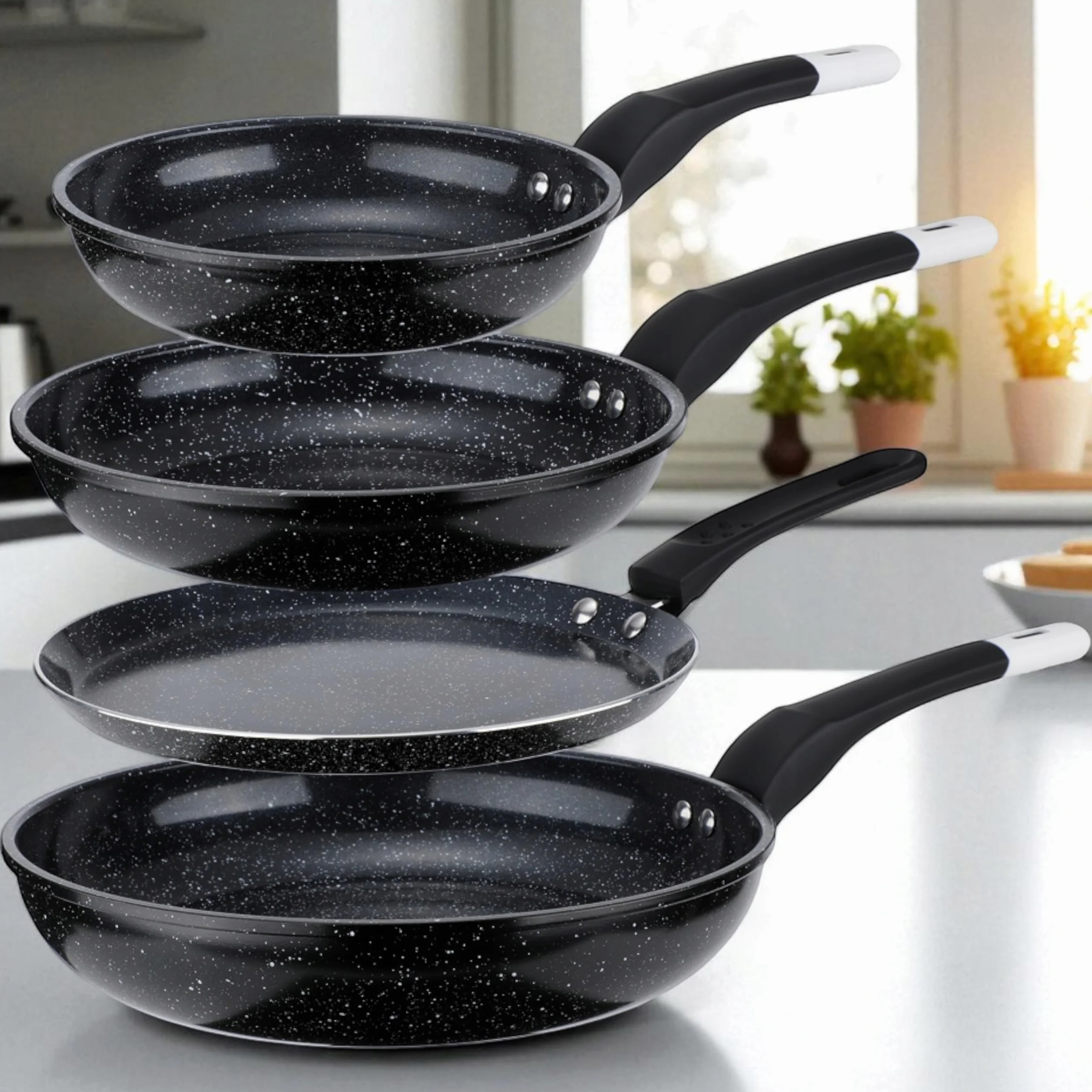EliteHoff zestaw patelni indukcyjnych, 4-częściowy, 3 patelnie (20/24/28 cm) + patelnia do naleśników 24 cm, patelnia z powłoką nieprzywierającą do wszystkich typów kuchenek, czarny (4 szt, E-7539)