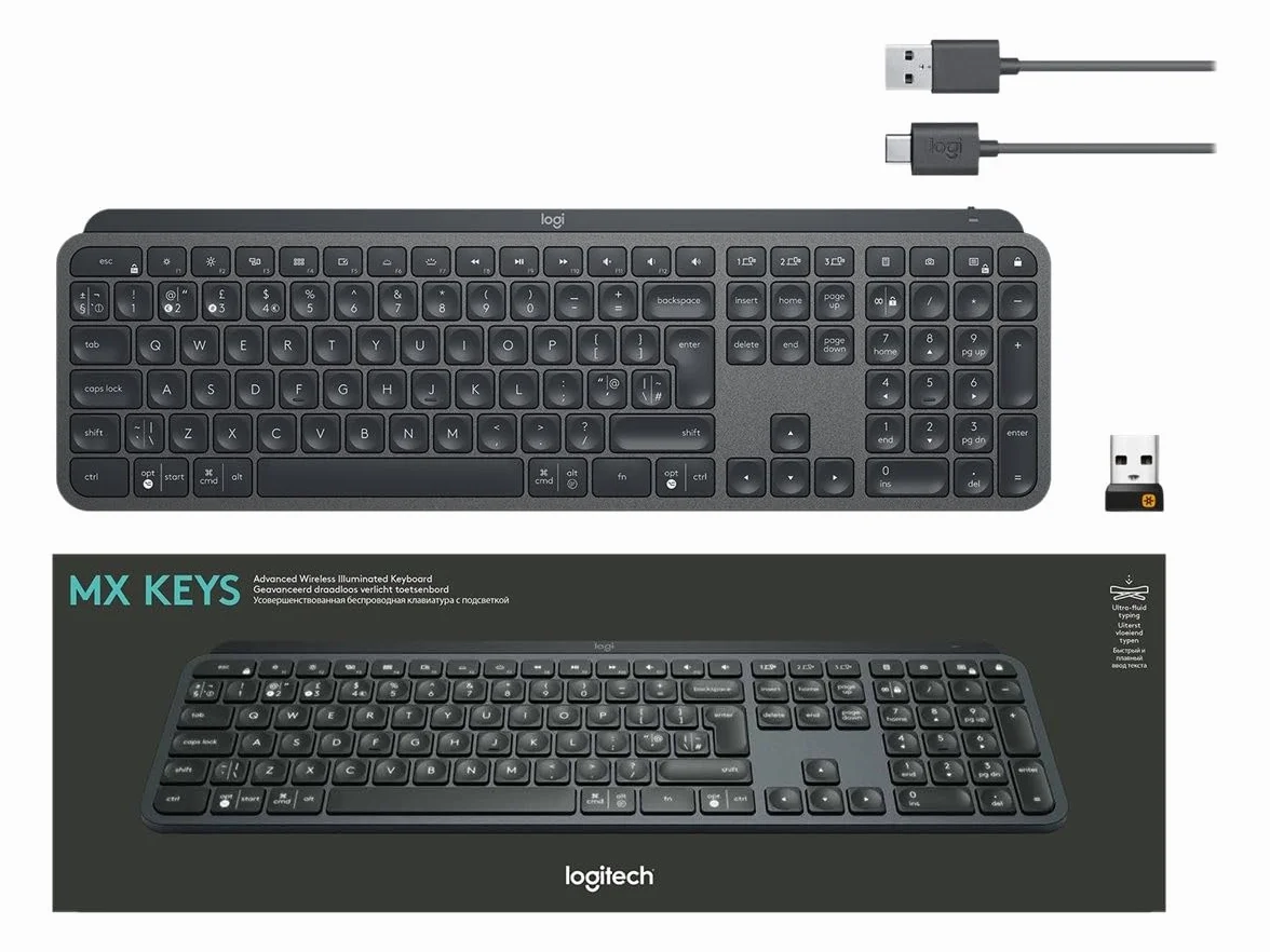 Logitech MX Keys bezprzewodowa klawiatura, odbiornik Bluetooth i USB, złącze USB-C, czas pracy baterii 5 miesięcy, funkcja Easy-Switch, podświetlenie przycisków, PC/Mac, układ skandynawski - grafitowy