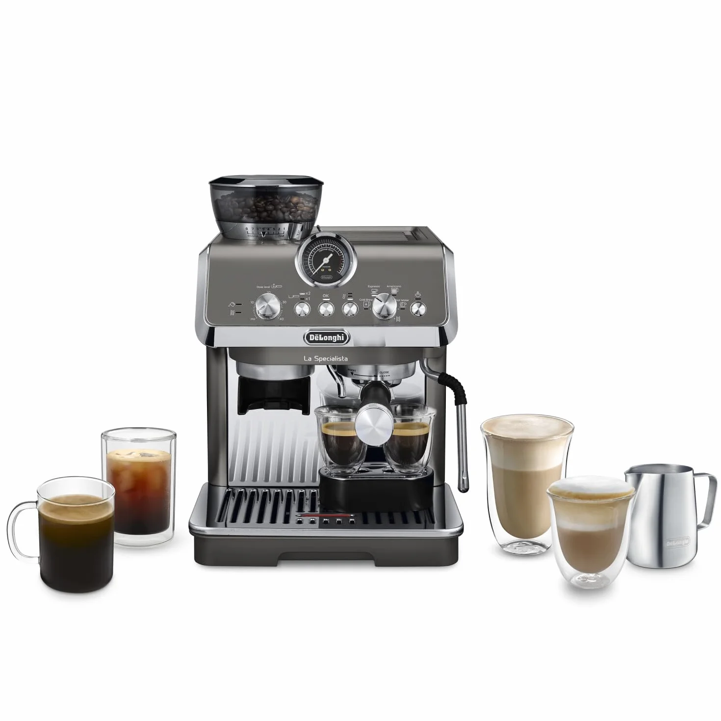 De'Longhi La Specialista Arte Evo EC9255.T ekspres do kawy z młynkiem, funkcja Cold Brew, 8 stopni mielenia, 15 bar, 3 temperatury, dysza do spieniania mleka, tytan w zestawie zestaw baristy