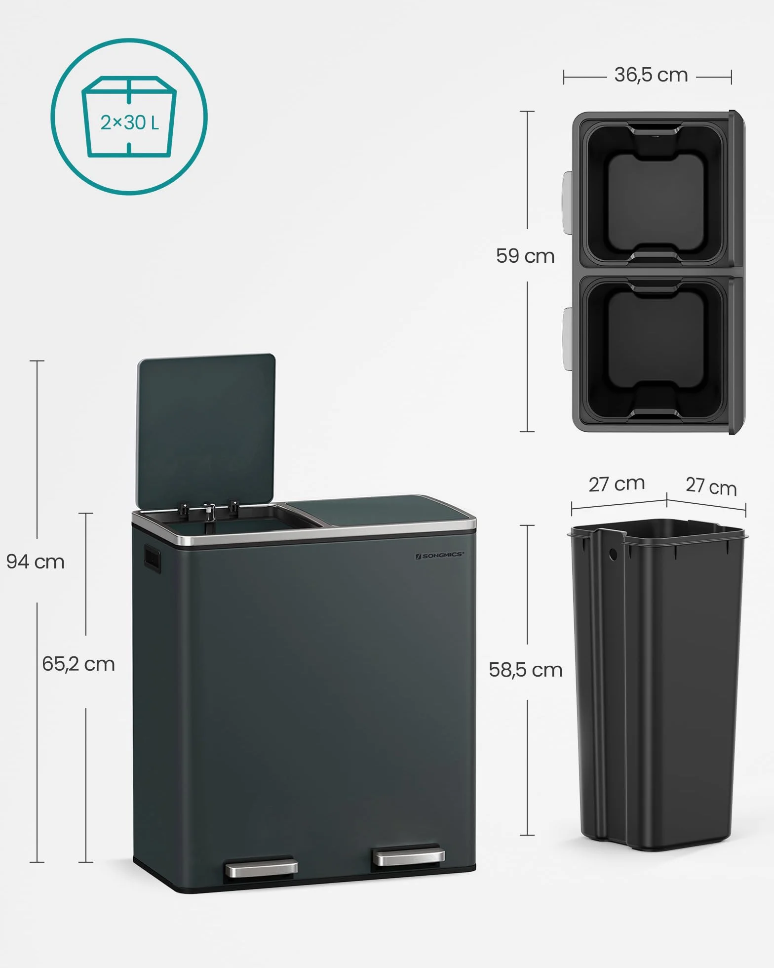 SONGMICS Kosz na śmieci z podwójną komorą 2 x 30 l, antracytowy szary LTB60GS