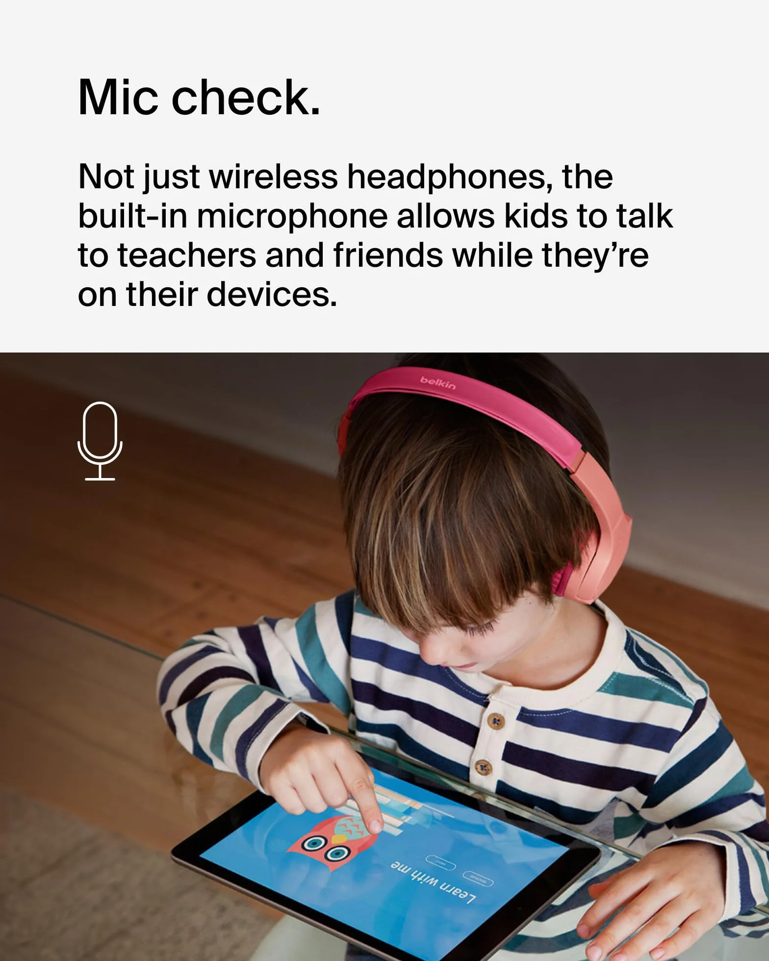 Bezprzewodowe słuchawki dla dzieci Belkin SoundForm Mini, wbudowany mikrofon, 30 h odtwarzania, z naklejkami – nauszne słuchawki do nauki zdalnej, szkoły, podróży, iPhone'a, iPada, Galaxy – różowe