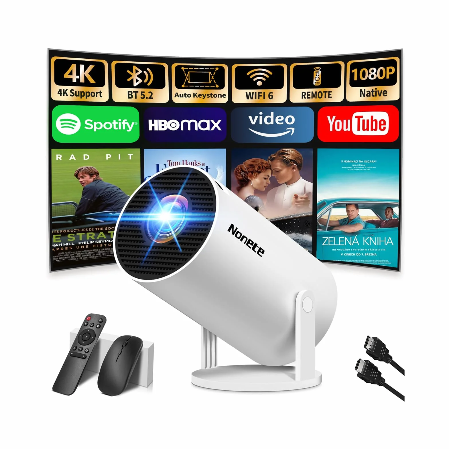 Projektor FHD 1080P [2026 Upgraded] Przenośny mini projektor 4K z WiFi 6 BT 5.2, obsługuje 270° obrotowy projektor samochodowy Keystone TV Stick/USB/HDMI/PC z kablem HDMI i myszą, biały