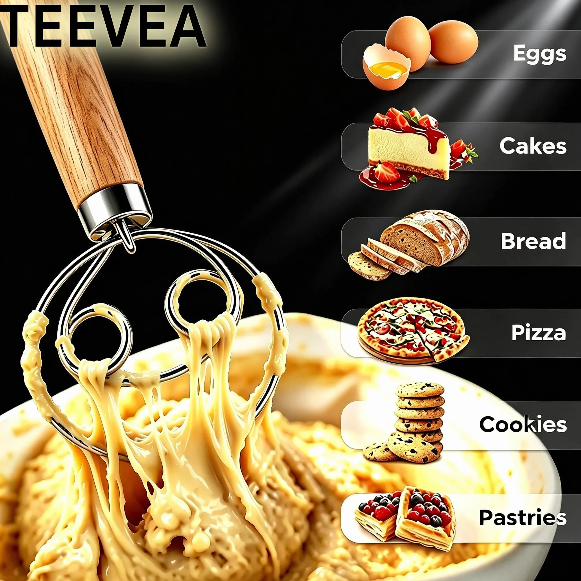 TEEVEA Duńska trzepaczka do ciasta trzepaczka do ciasta ze stali nierdzewnej holenderski styl chleb ciasto mikser ręczny drewniany uchwyt kuchenne narzędzia do pieczenia chleba narzędzia i materiały