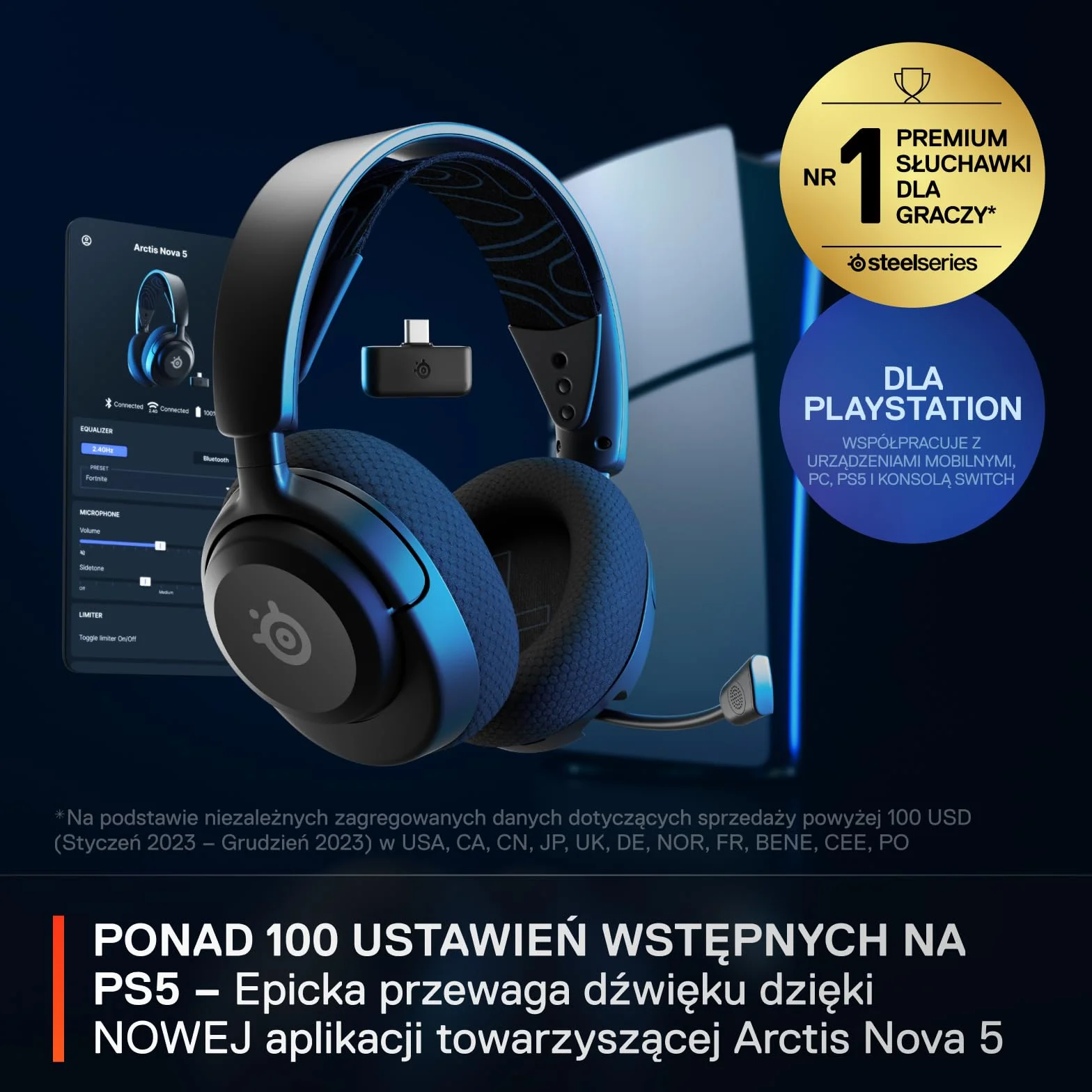 SteelSeries Arctis Nova 5P -słuchawki wi-fi do gier –neodymowe przetworniki magnetyczne –Ponad 100 ustawień wstępnych dźwięku– 60 godz baterii –2,4 GHz lub BT –Mik. Gen2.X – PS5, PS4, PC,Switch,mobile