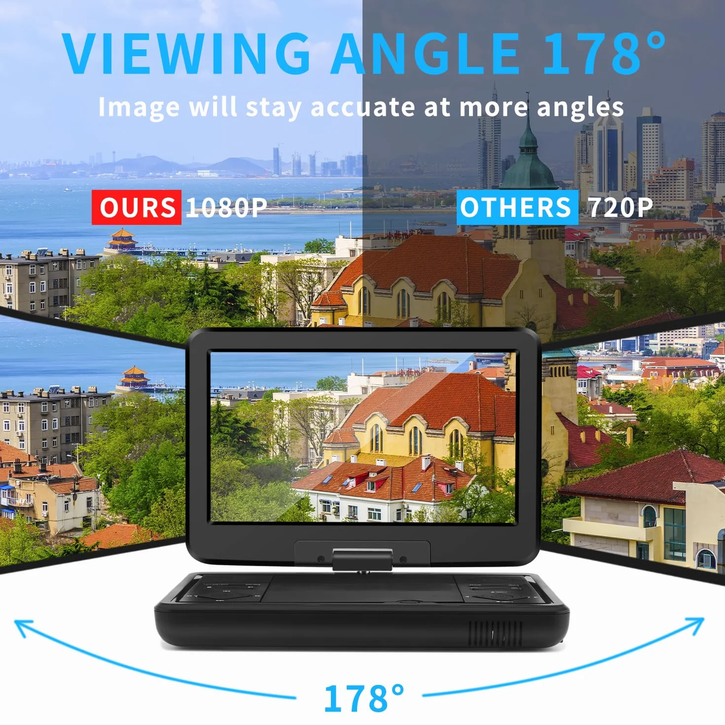 KCR Przenośny odtwarzacz DVD 10,1 cala, wbudowany telewizor DVB-T2 z obrotowym wyświetlaczem LED/USB/HDMI/AV, akumulatorem i dwoma głośnikami