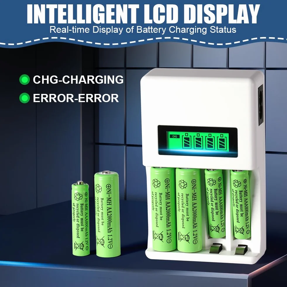 AXFEE Ładowarka akumulatorowa, ładowarka do baterii z wyświetlaczem LCD, uniwersalna ładowarka akumulatorowa 2000mAh, 4-miejscowa uniwersalna szybka ładowarka akumulatorowa dla akumulatorów Ni-Mh