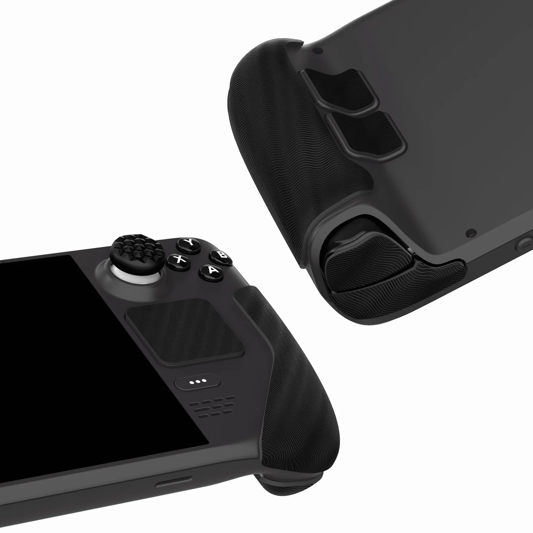 PlayVital Miękkie Gumowe Podkładki Pod Rękojeści do Steam Deck LCD,Naklejki Ochronne Gładziki Skin Grip Enhancement Back Button do Steam Deck OLED z Nakładkami Kciuki-Czarny(Fala Wodna Textured)