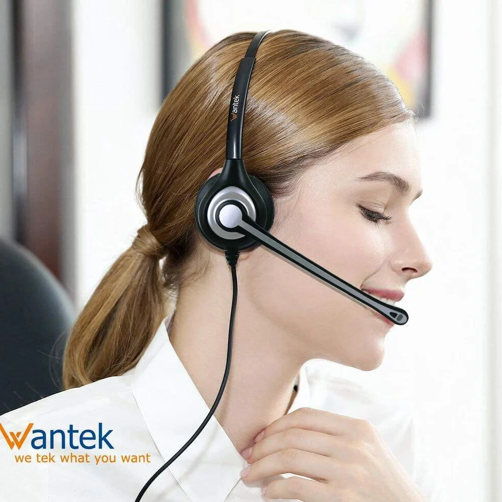 Wantek Zestaw słuchawkowy telefoniczny RJ9 Dual z mikrofonem z redukcją szumów, szybkie odłączanie, przewodowe zestawy słuchawkowe do telefonu Call Center