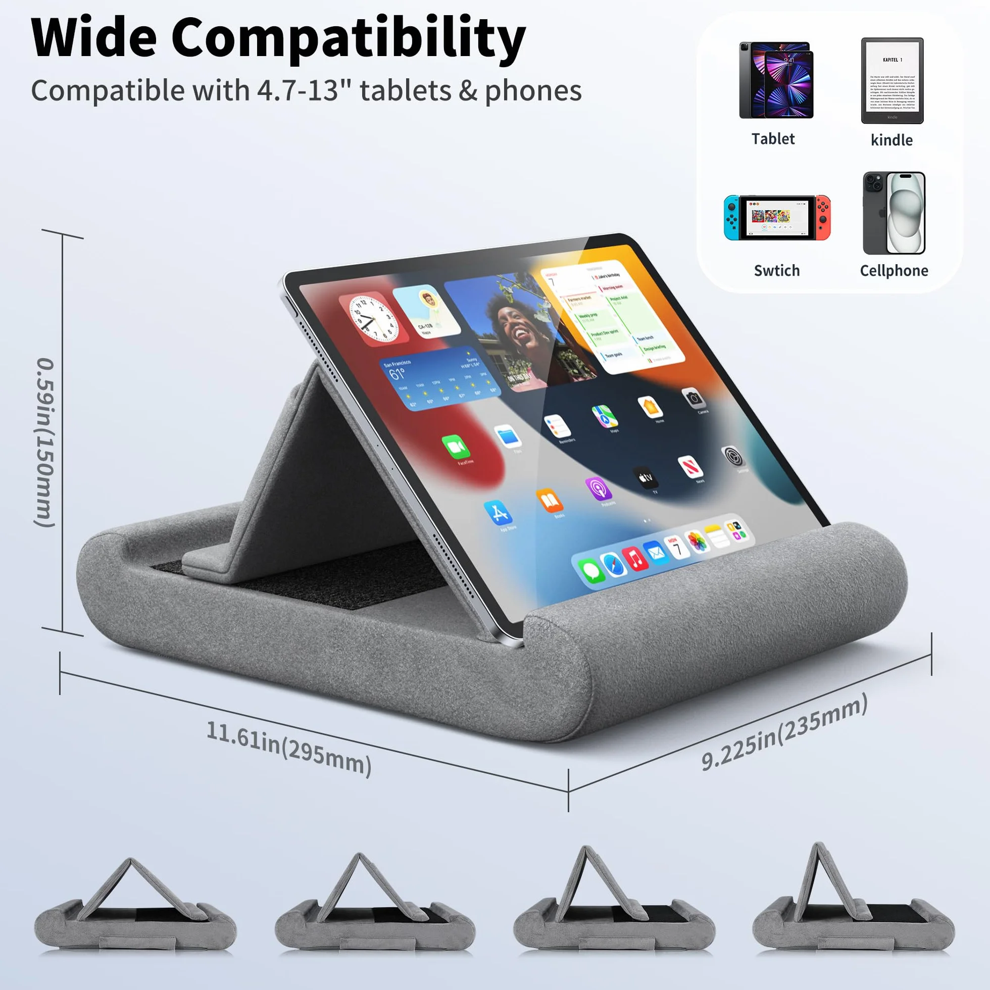 CreaDream Stojak na tablet z miękką poduszeczką, składany uchwyt na tablet do łona, łóżka i biurka, miękka podkładka z kieszenią i uchwytem na rysik, dla tabletów 4-13", takich jak iPad Pro 11, 13