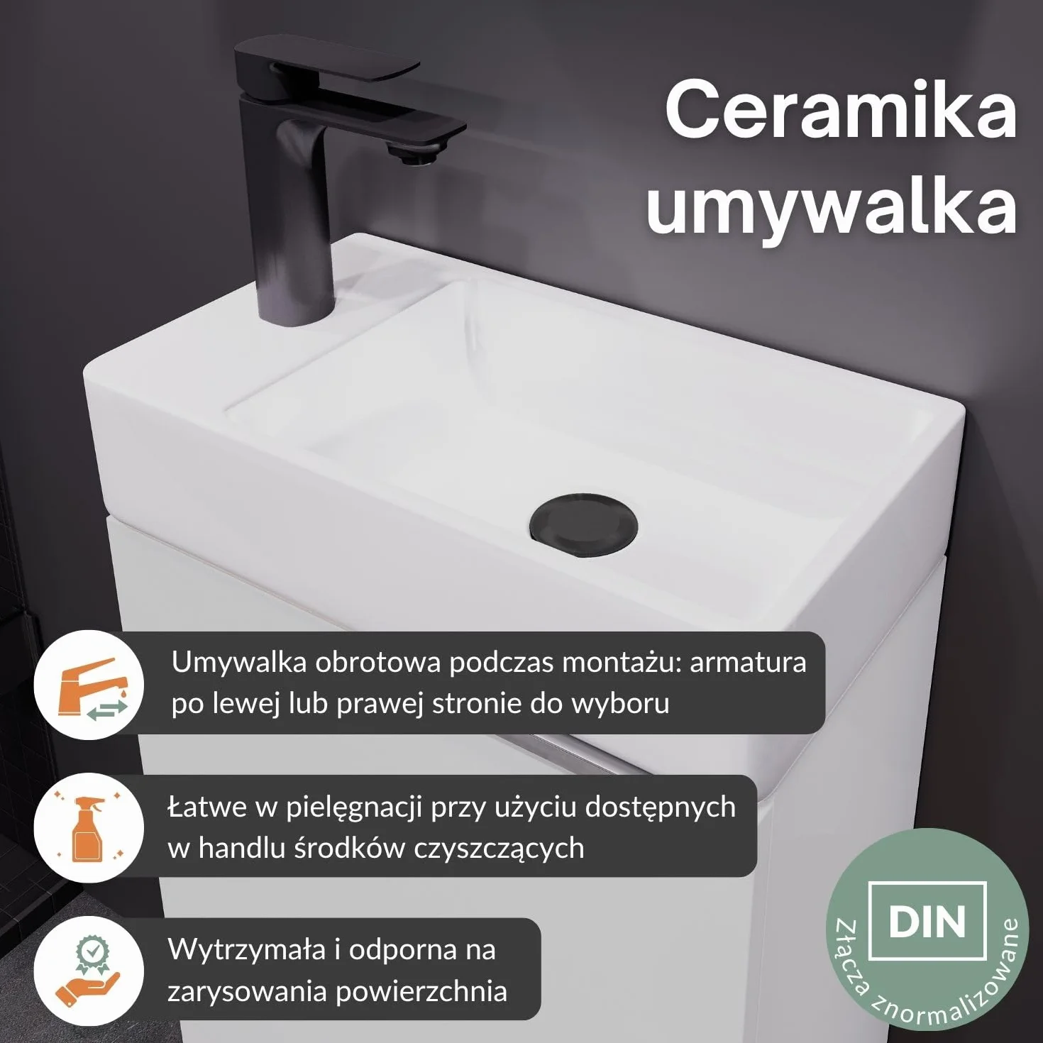 Planetmöbel Umywalka z szafką 40cm w kolorze białym z umywalką i baterią w kolorze czarnym matowym, zestaw mebli łazienkowych do łazienki, WC dla gości