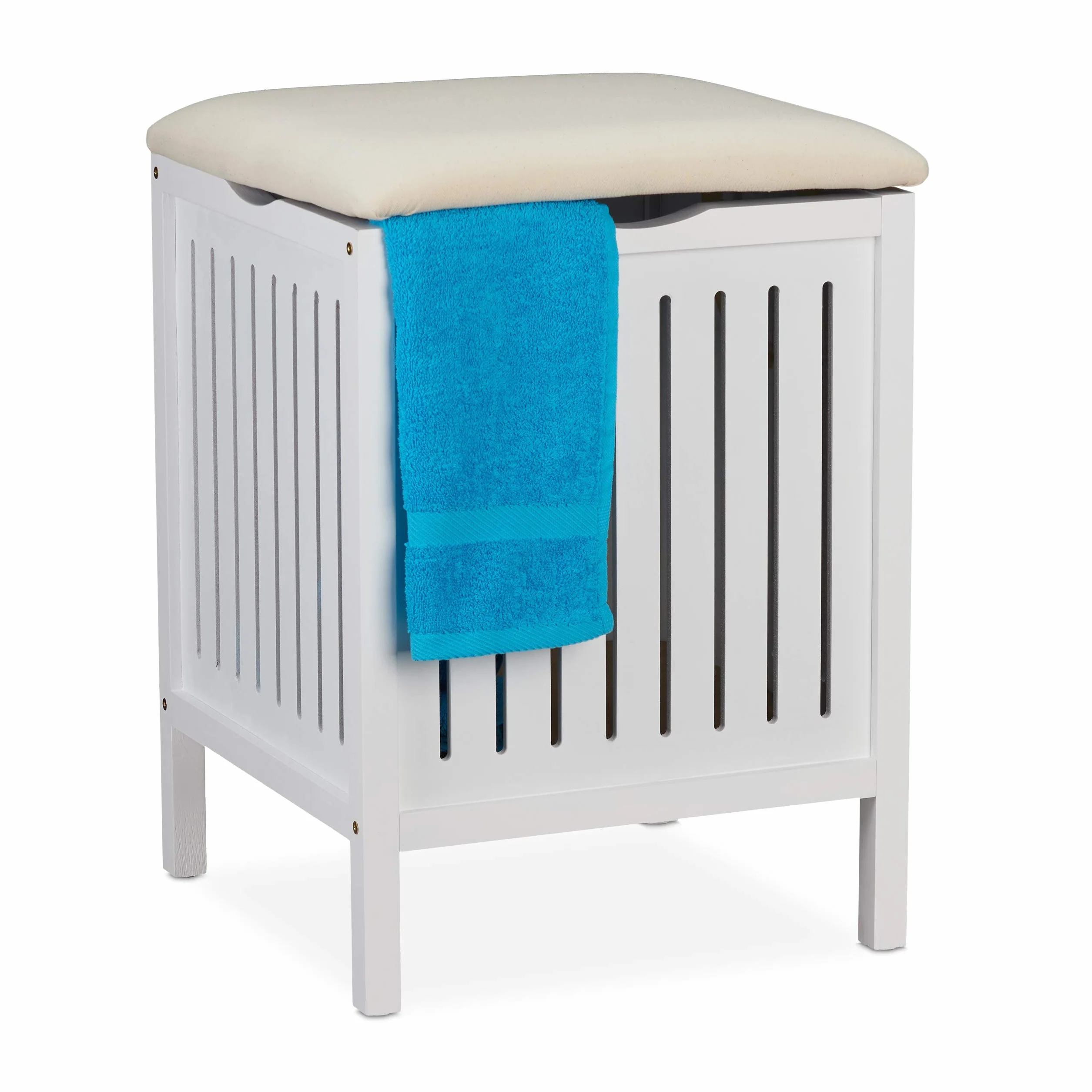 Relaxdays Kosz na pranie z siedziskiem, styl wiejski, 40 l, drewno i tkanina, taboret łazienkowy wys. x szer. x gł.: 55 x 41 x 41 cm, biały